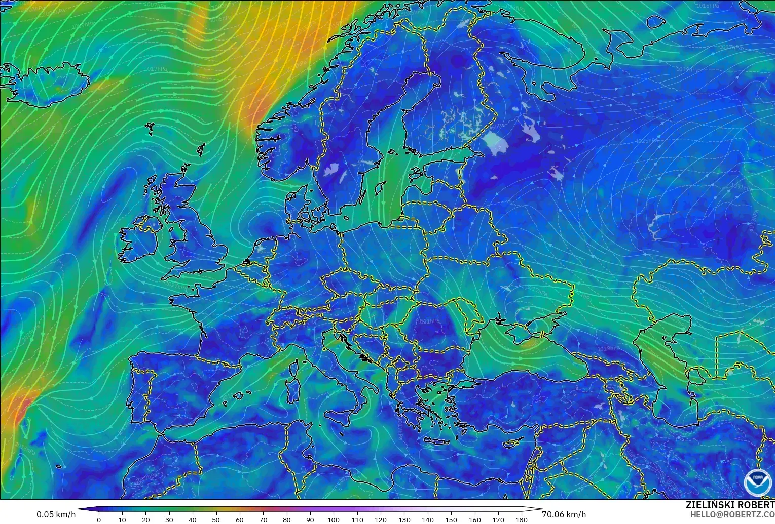 GFS model - Europe, Wind at 10m