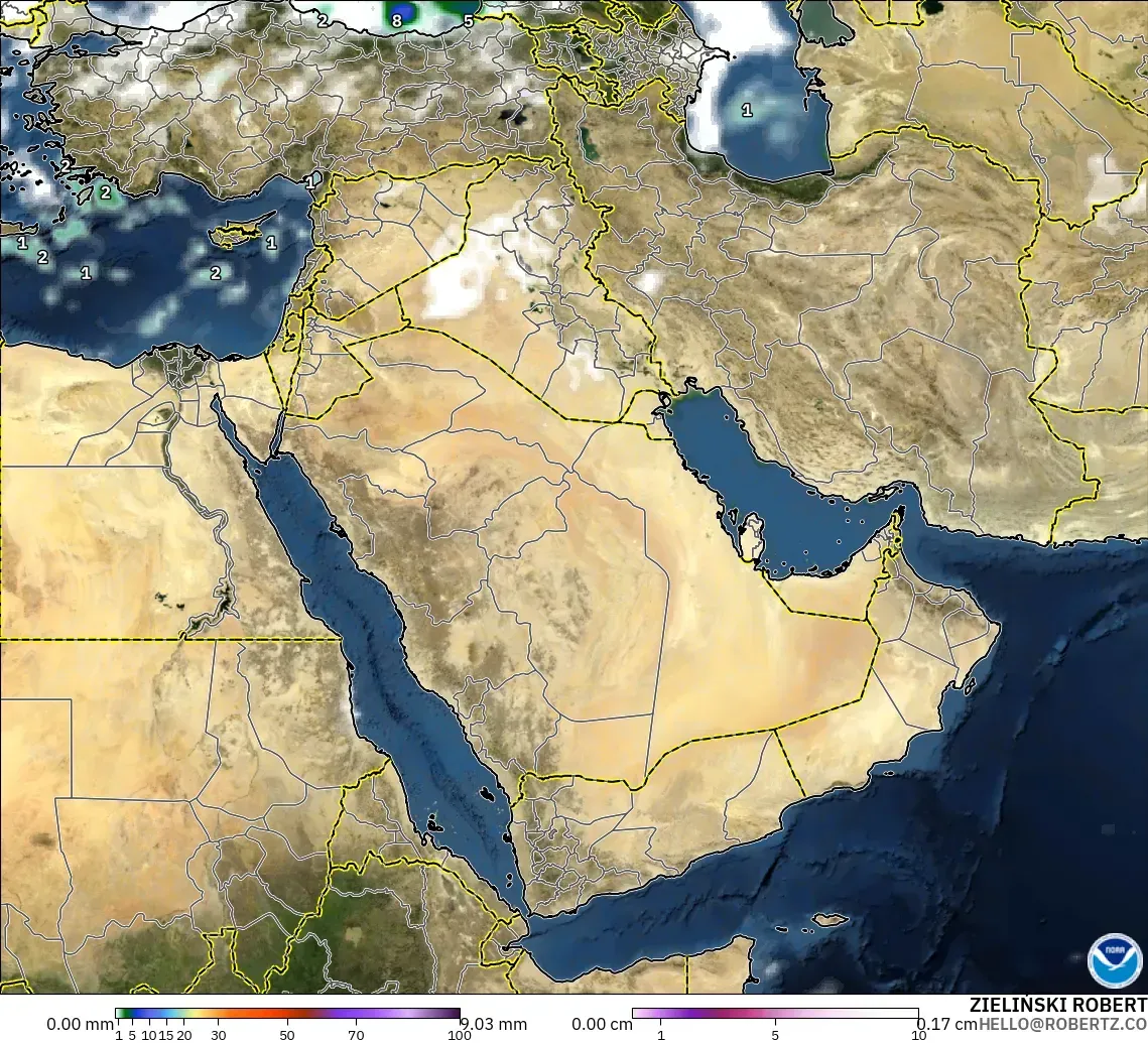 GFS model - Middle East, Precipitation, Clouds, and Pressure