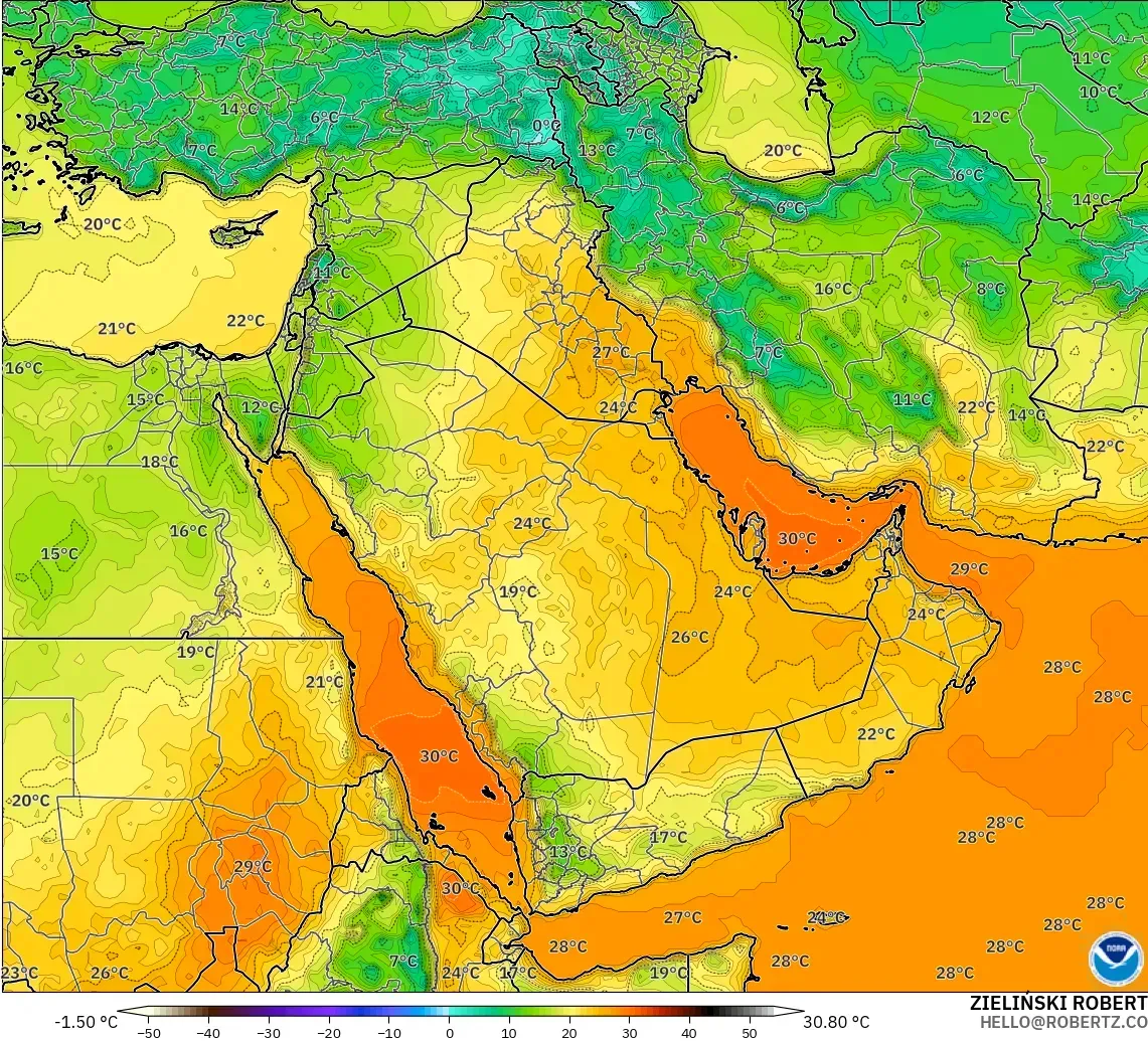 GFS model - Middle East, Temperature at 2m
