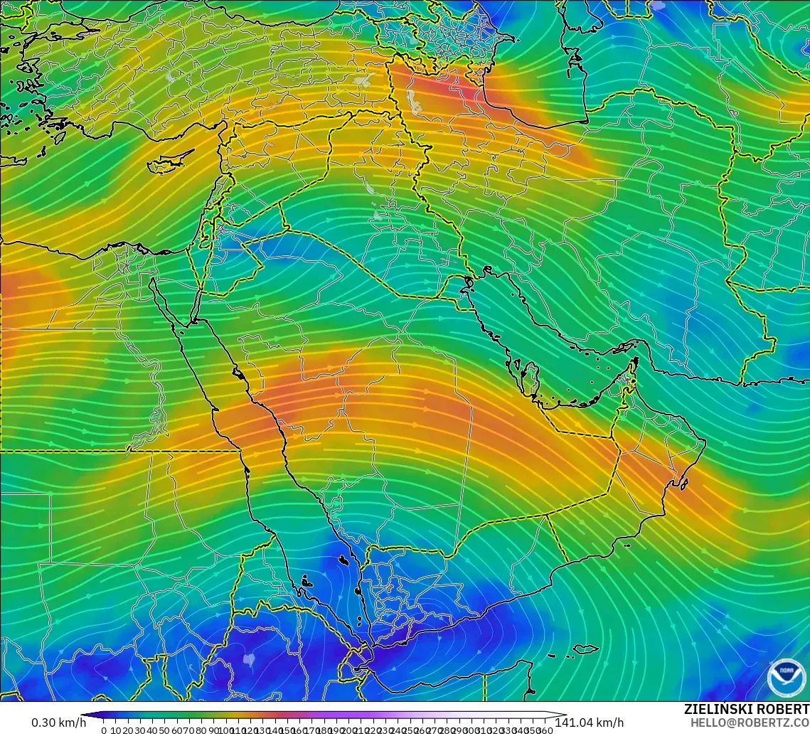 GFS model - Middle East, Wind at 300hPa (jet stream)