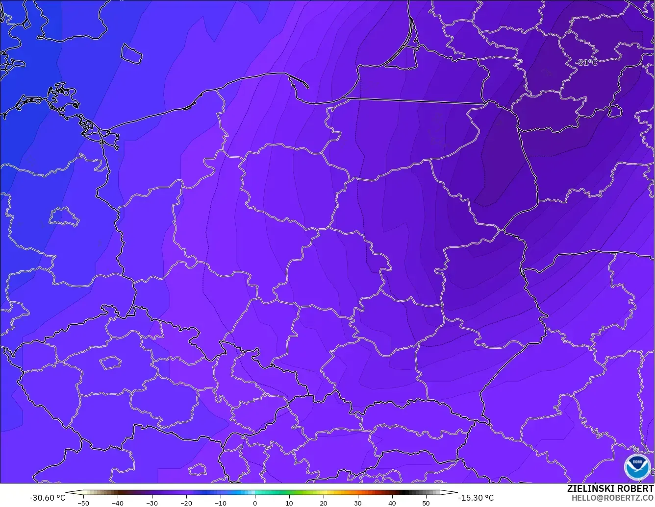 GFS model - Poland, Temperature at 500hPa