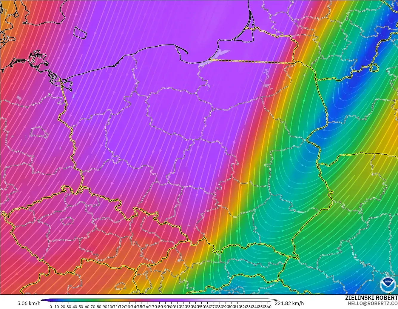 GFS model - Poland, Wind at 300hPa (jet stream)