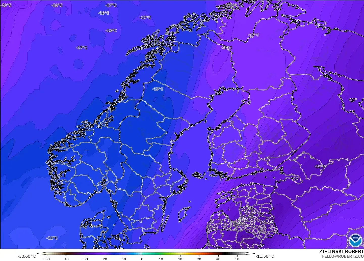 GFS model - Scandinavia, Temperature at 500hPa