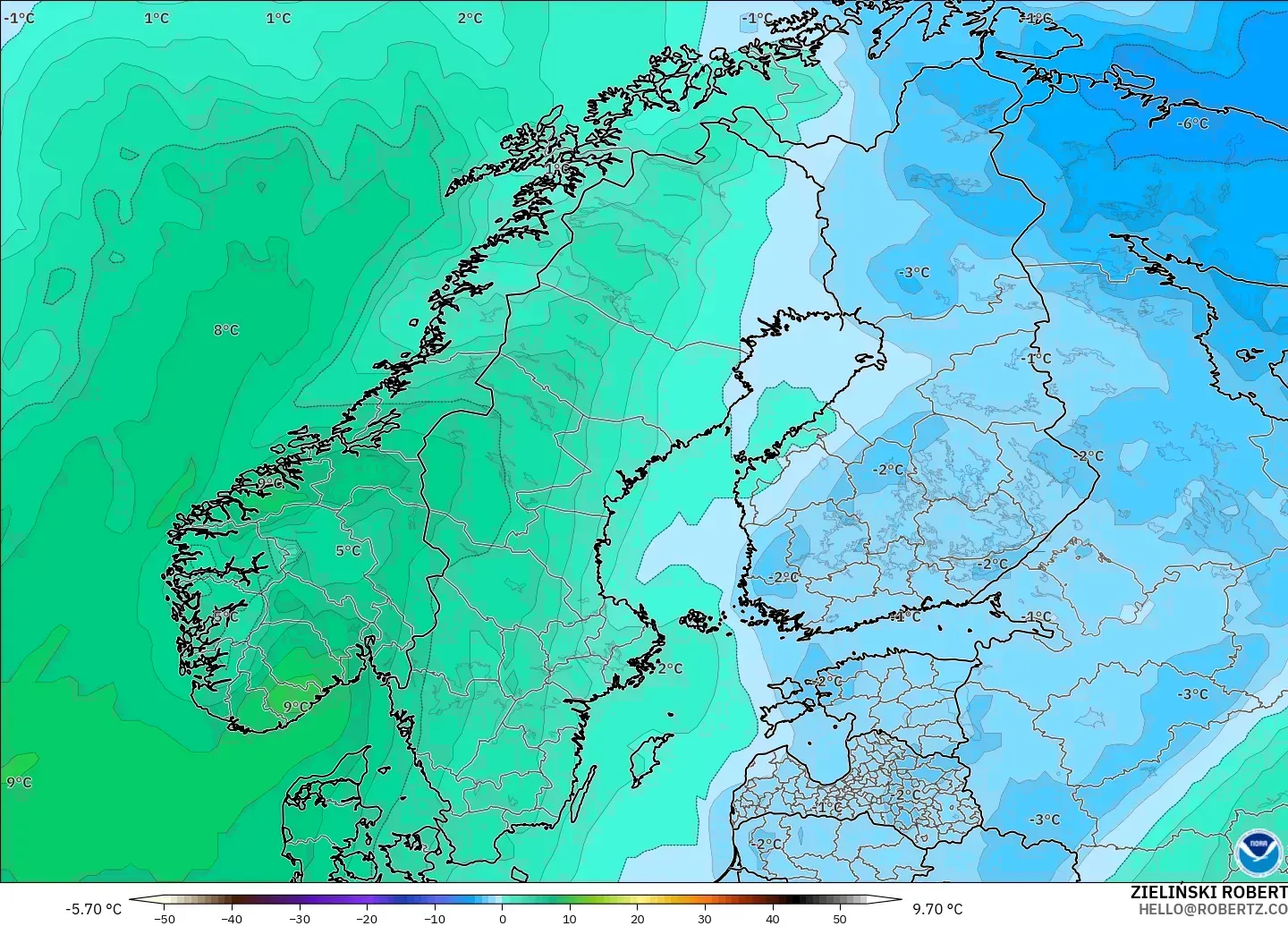 GFS model - Scandinavia, Temperature at 850hPa