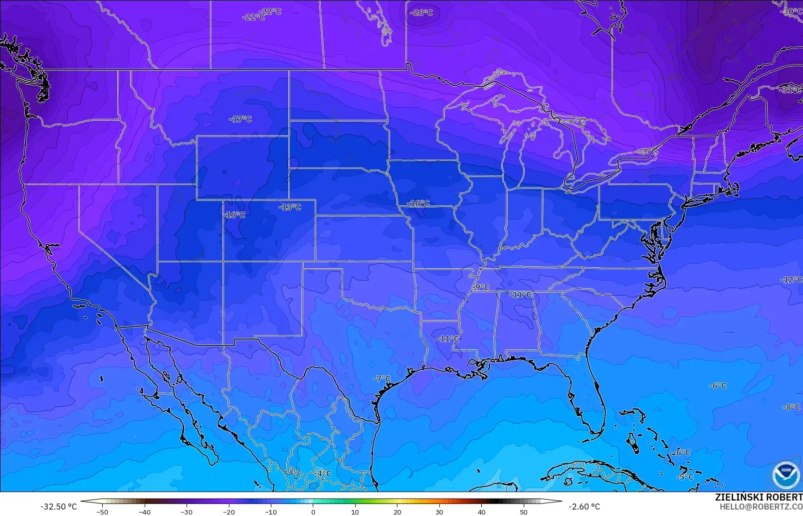 GFS model - United States, Temperature at 500hPa