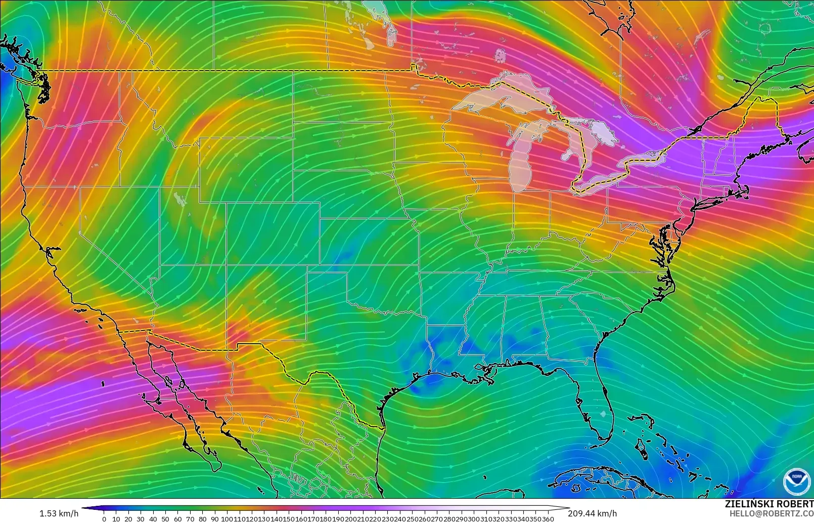 GFS model - United States, Wind at 300hPa (jet stream)