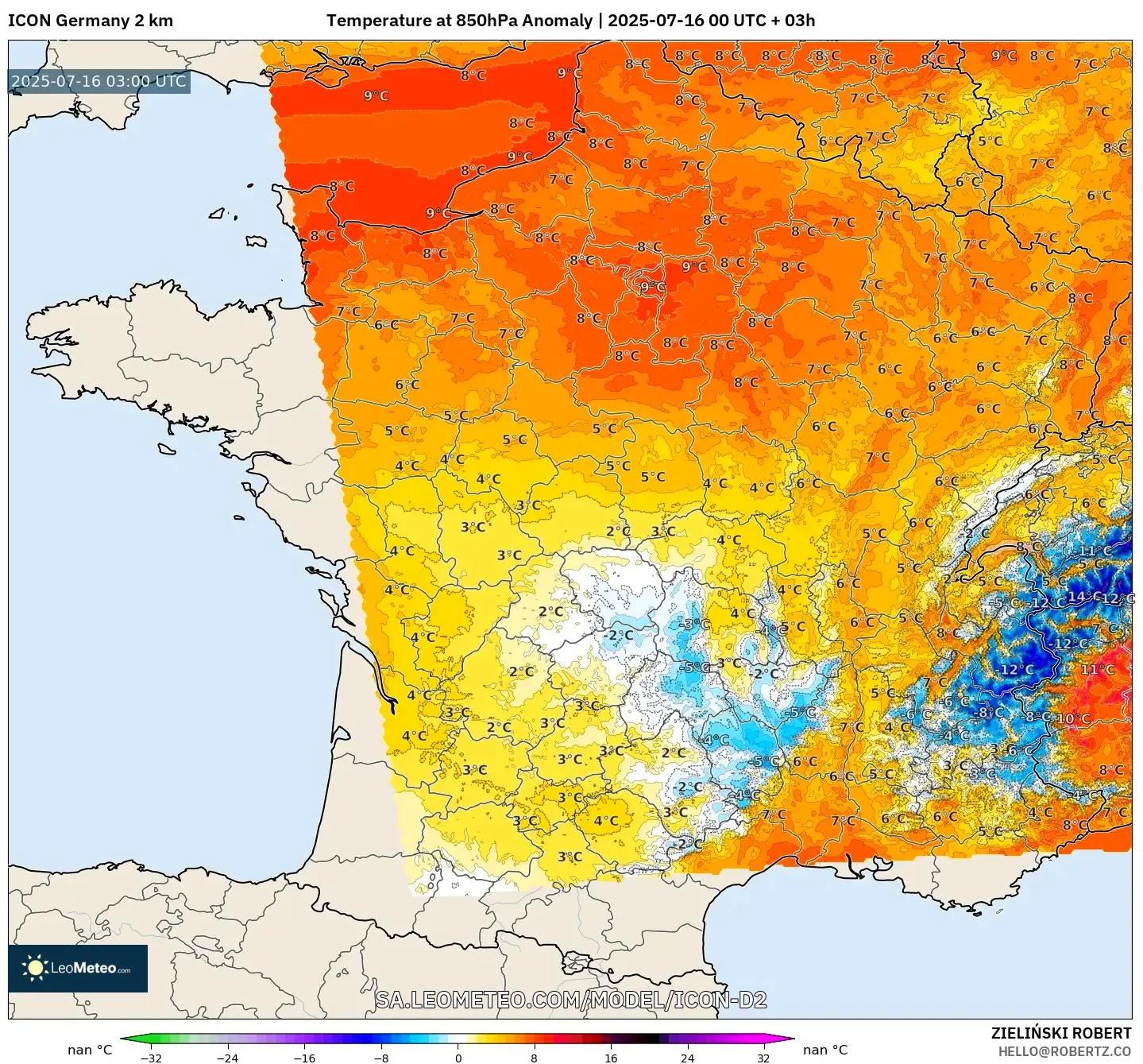 ICON Germany 2 km model - France, Temperature at 850hPa Anomaly ICON Germany 2 km model - France, Temperature at 850hPa Anomaly