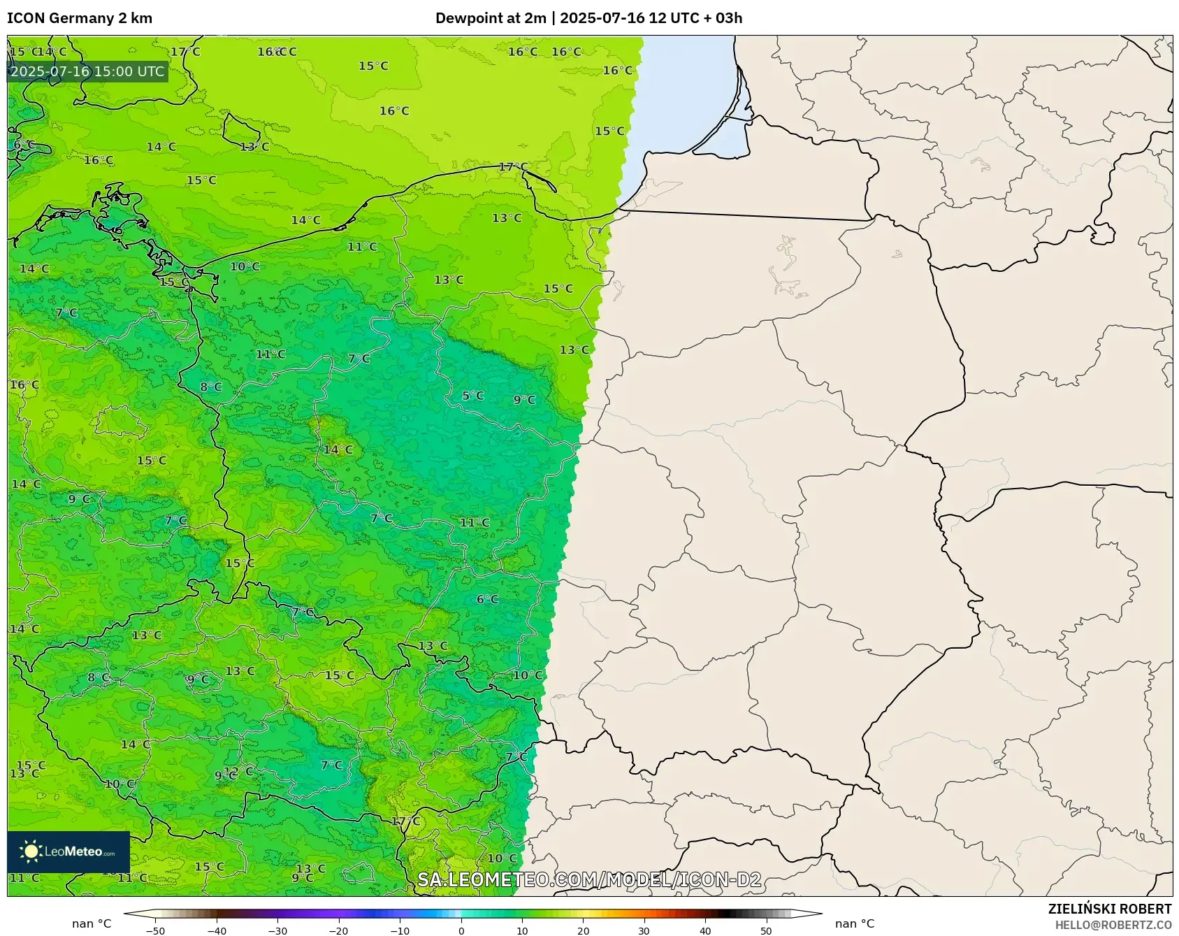 ICON Germany 2 km model - Poland, Dewpoint at 2m ICON Germany 2 km model - Poland, Dewpoint at 2m