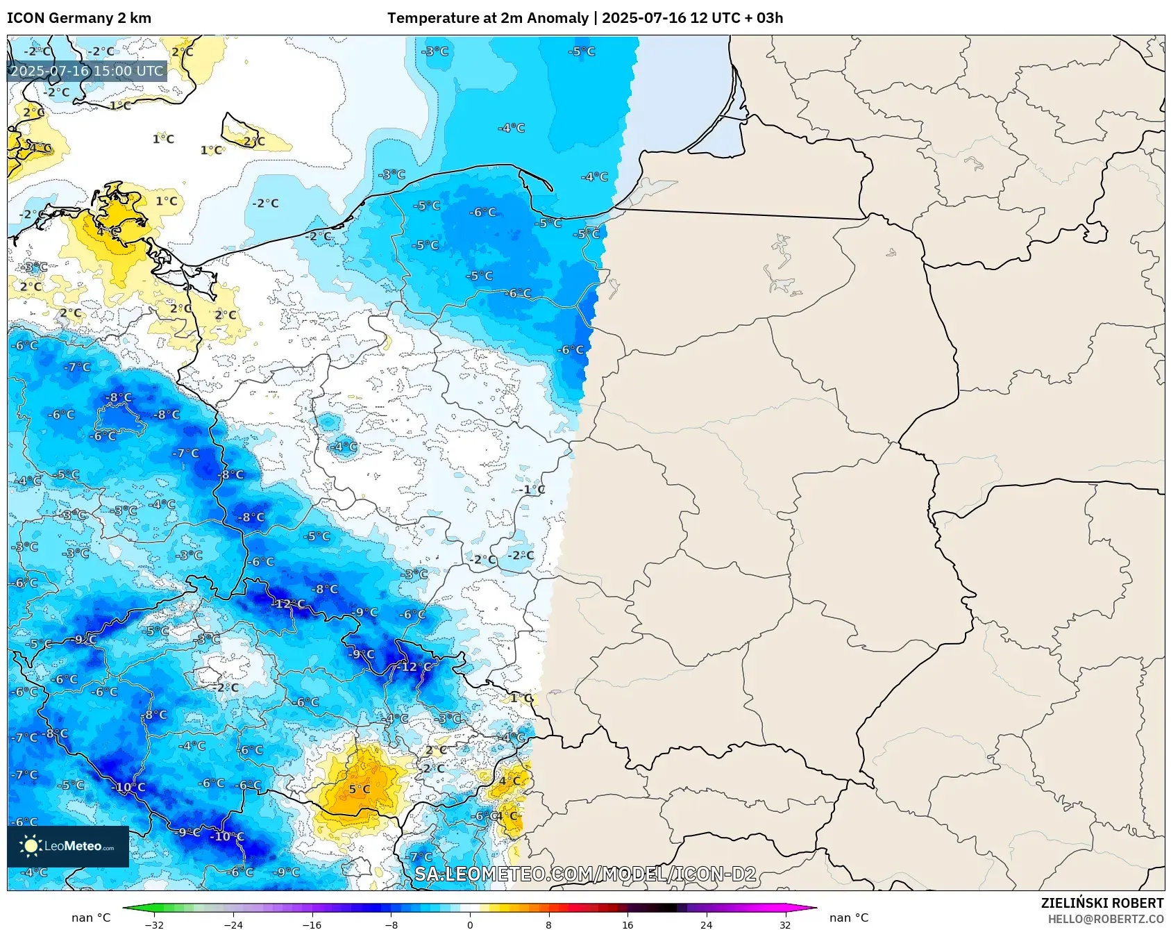 ICON Germany 2 km model - Poland, Temperature at 2m Anomaly ICON Germany 2 km model - Poland, Temperature at 2m Anomaly