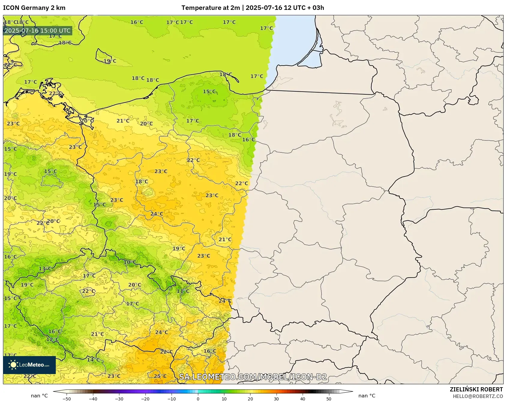 ICON Germany 2 km model - Poland, Temperature at 2m ICON Germany 2 km model - Poland, Temperature at 2m