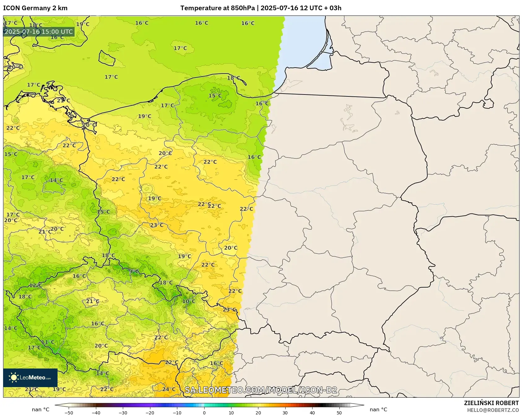 ICON Germany 2 km model - Poland, Temperature at 850hPa ICON Germany 2 km model - Poland, Temperature at 850hPa