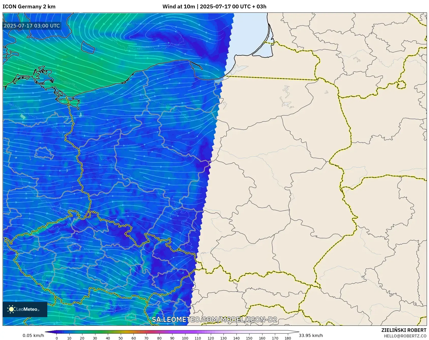ICON Germany 2 km model - Poland, Wind at 10m ICON Germany 2 km model - Poland, Wind at 10m