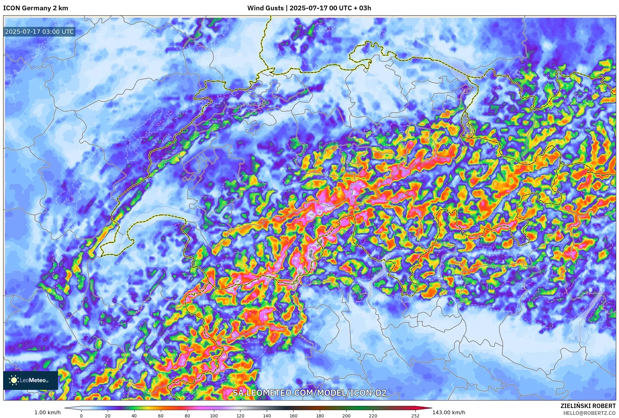 ICON Germany 2 km model - Switzerland, Wind Gusts ICON Germany 2 km model - Switzerland, Wind Gusts