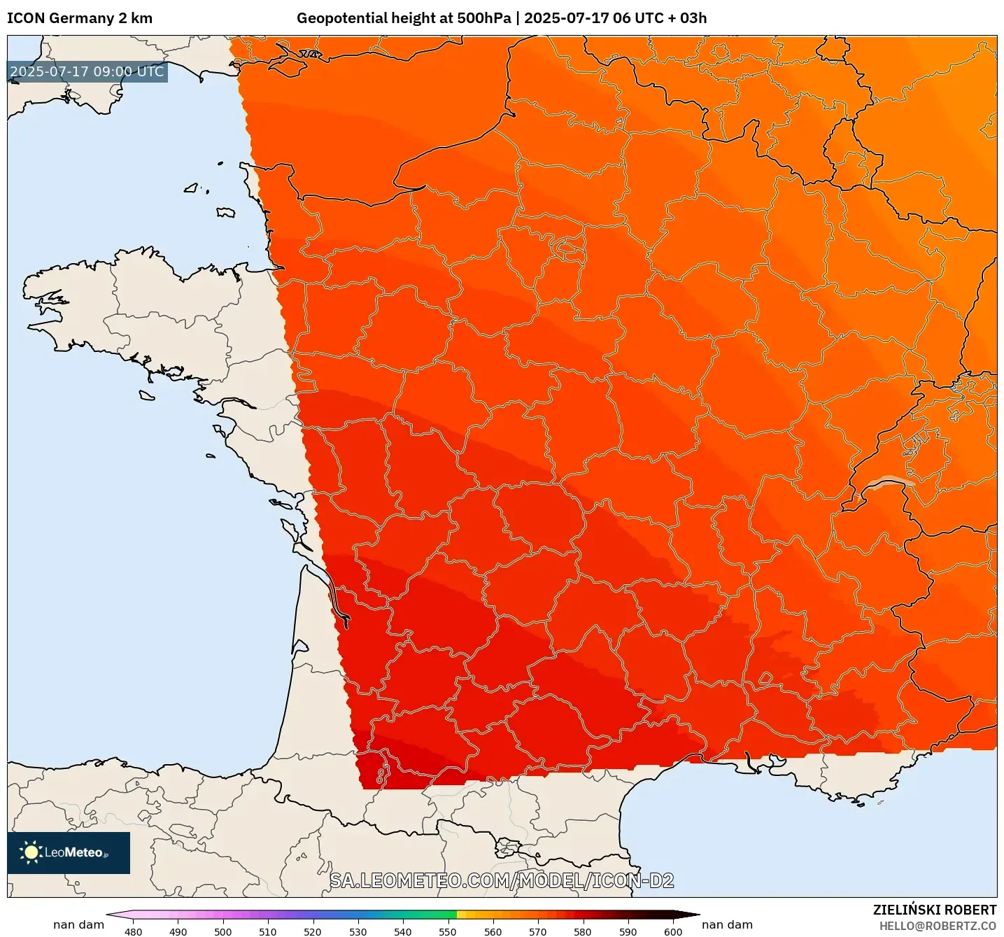 ICON Germany 2 km model - France, Geopotential height at 500hPa