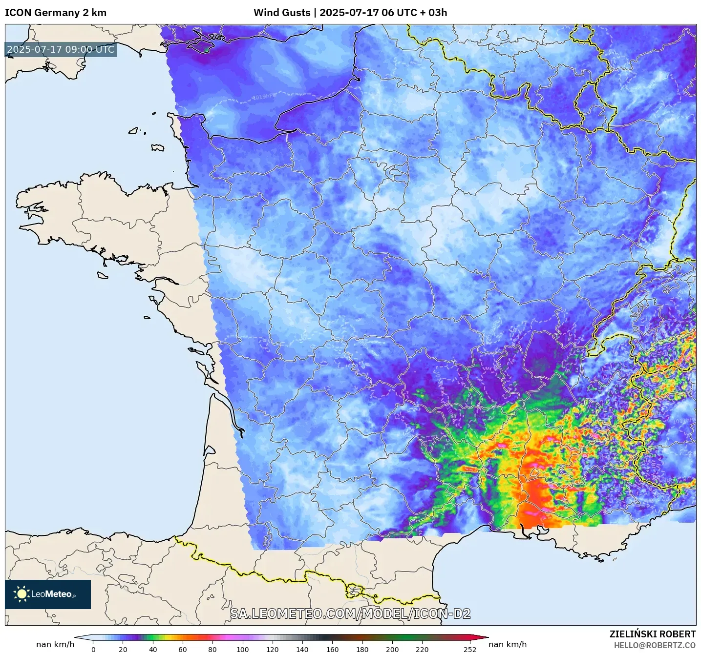 ICON Germany 2 km model - France, Wind Gusts ICON Germany 2 km model - France, Wind Gusts