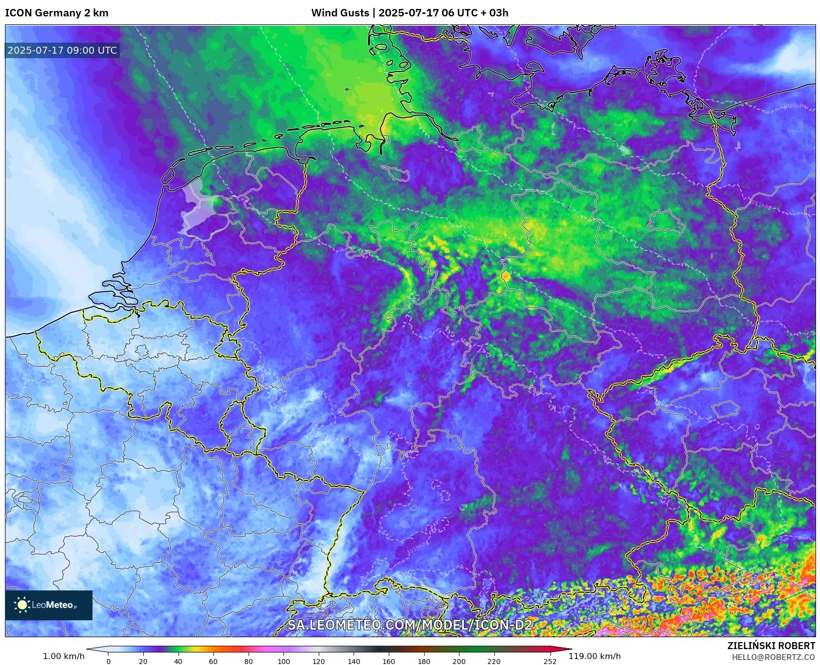 ICON Germany 2 km model - Germany, Wind Gusts ICON Germany 2 km model - Germany, Wind Gusts