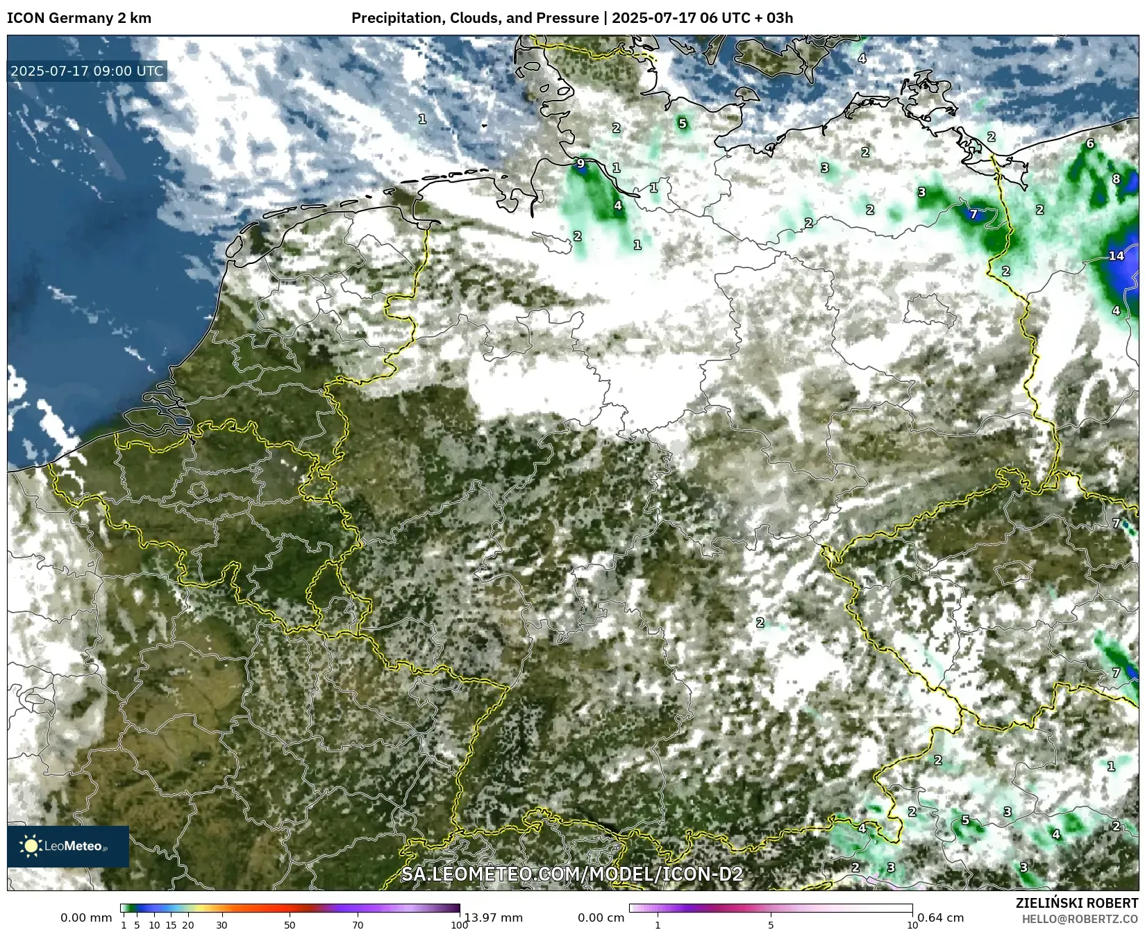 ICON Germany 2 km model - Germany, Precipitation, Clouds, and Pressure ICON Germany 2 km model - Germany, Precipitation, Clouds, and Pressure