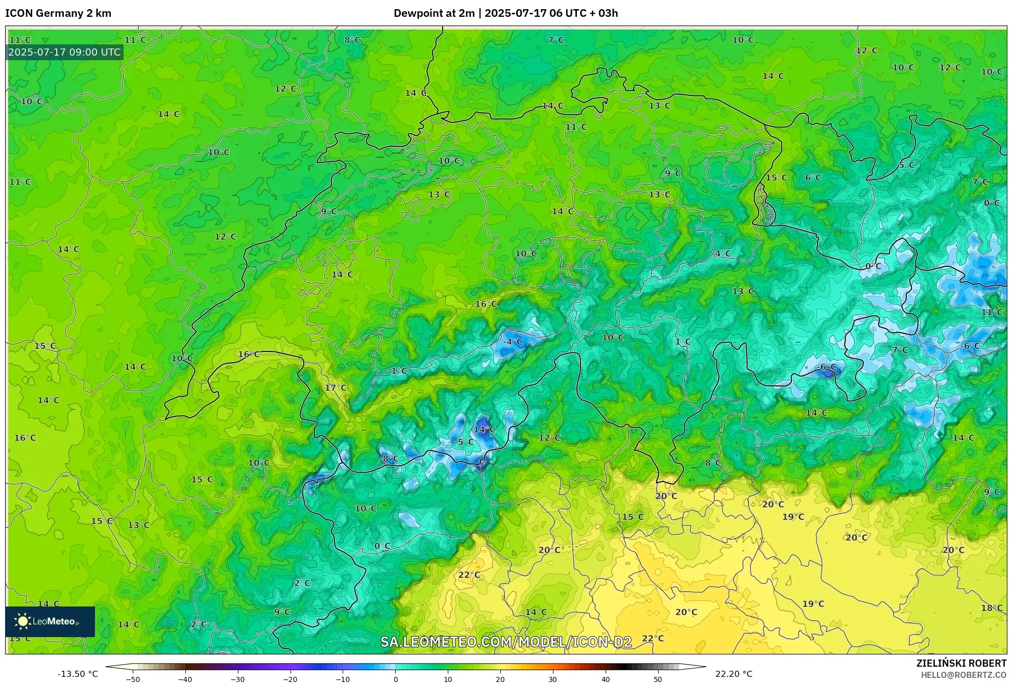 ICON Germany 2 km model - Switzerland, Dewpoint at 2m ICON Germany 2 km model - Switzerland, Dewpoint at 2m
