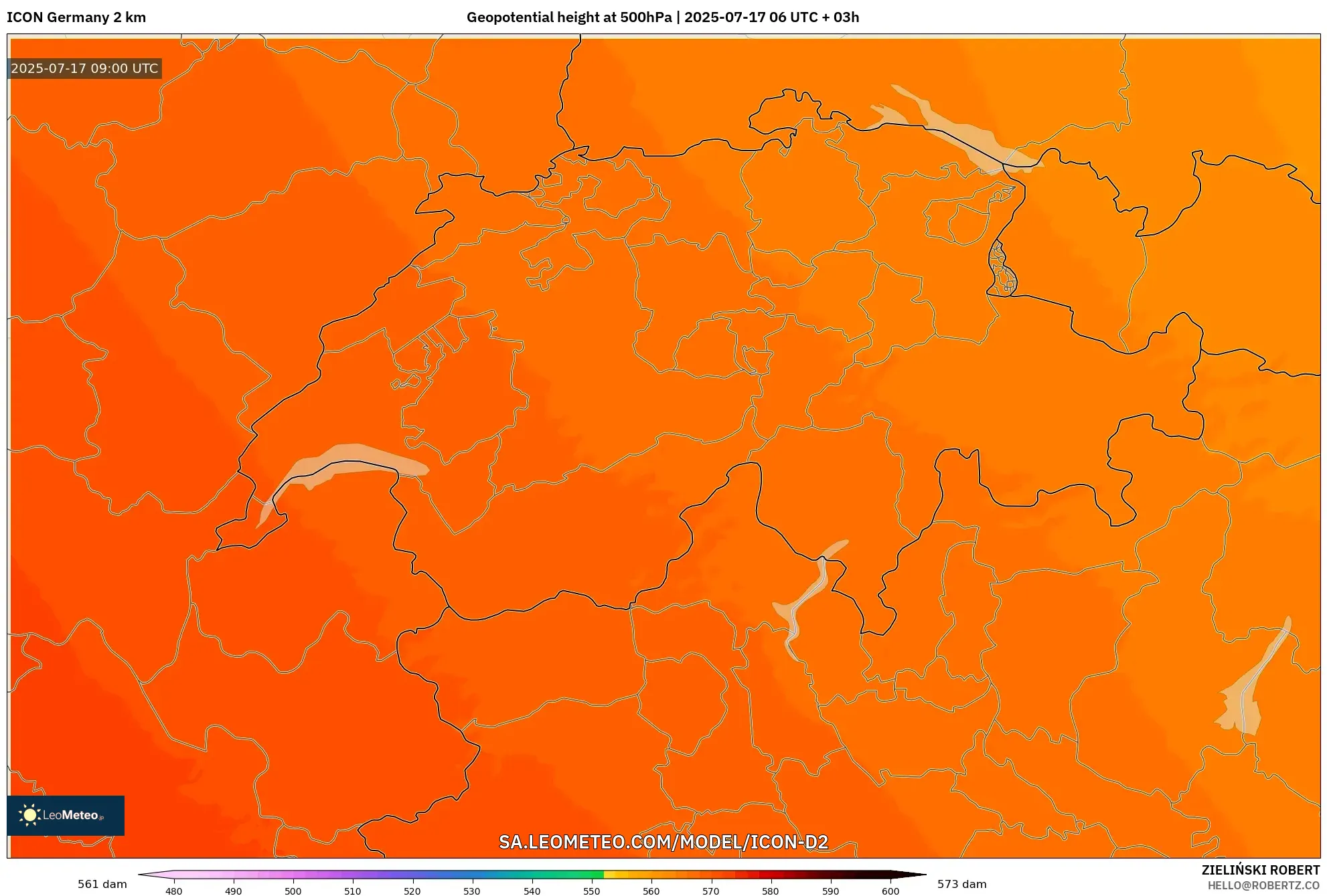 ICON Germany 2 km model - Switzerland, Geopotential height at 500hPa ICON Germany 2 km model - Switzerland, Geopotential height at 500hPa