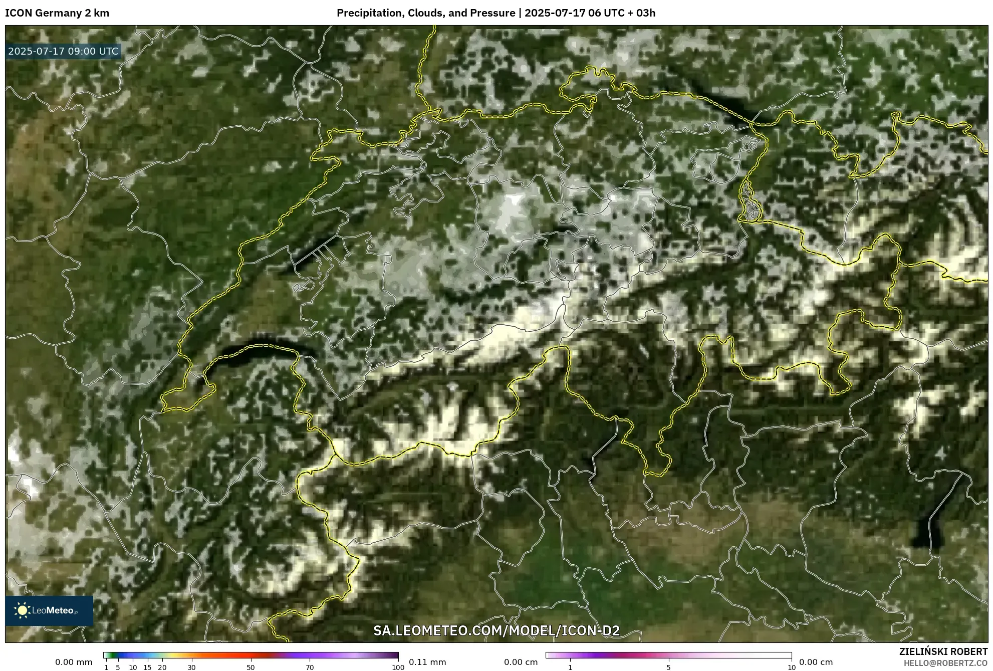 ICON Germany 2 km model - Switzerland, Precipitation, Clouds, and Pressure ICON Germany 2 km model - Switzerland, Precipitation, Clouds, and Pressure