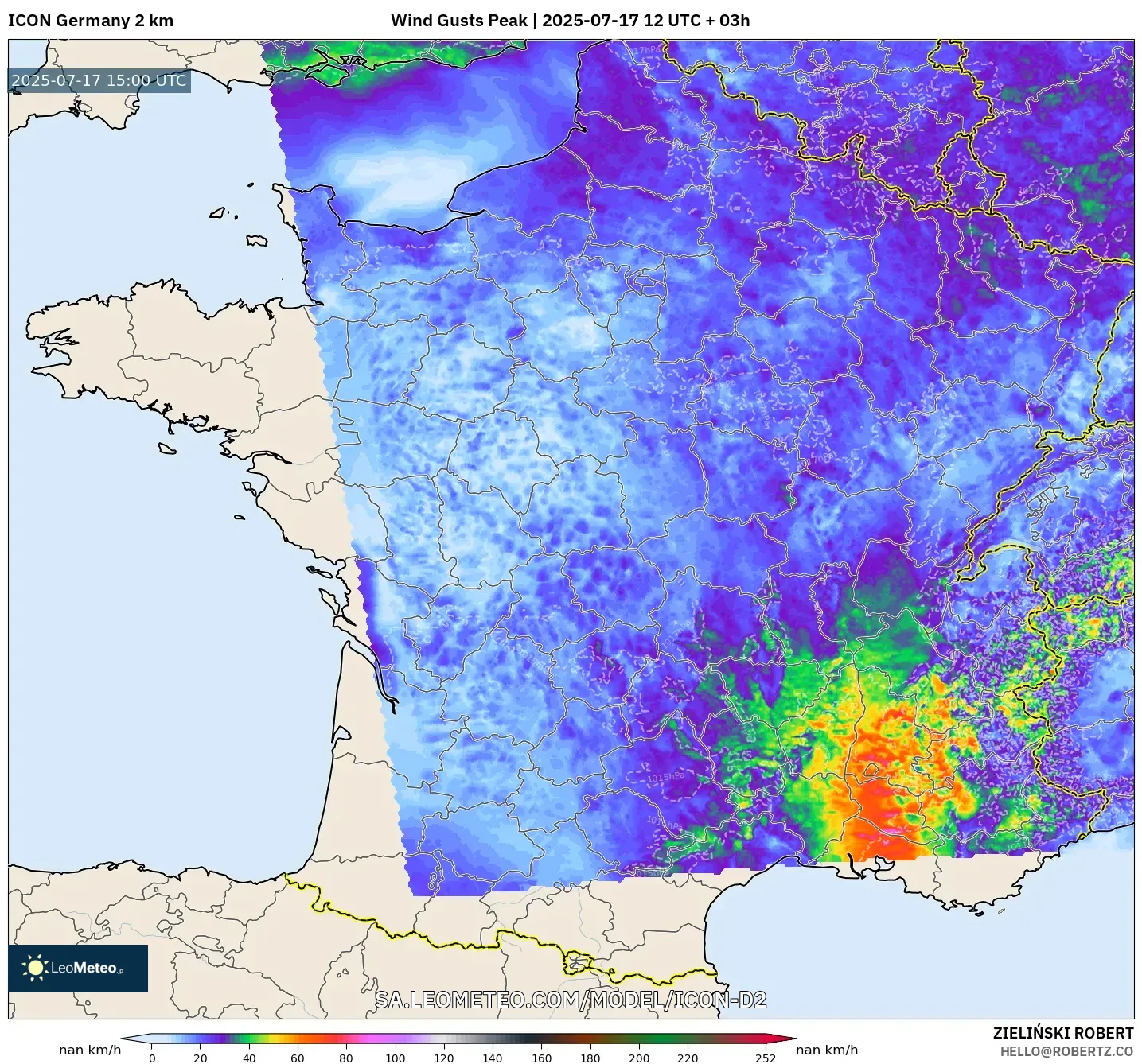 ICON Germany 2 km model - France, Wind Gusts Peak