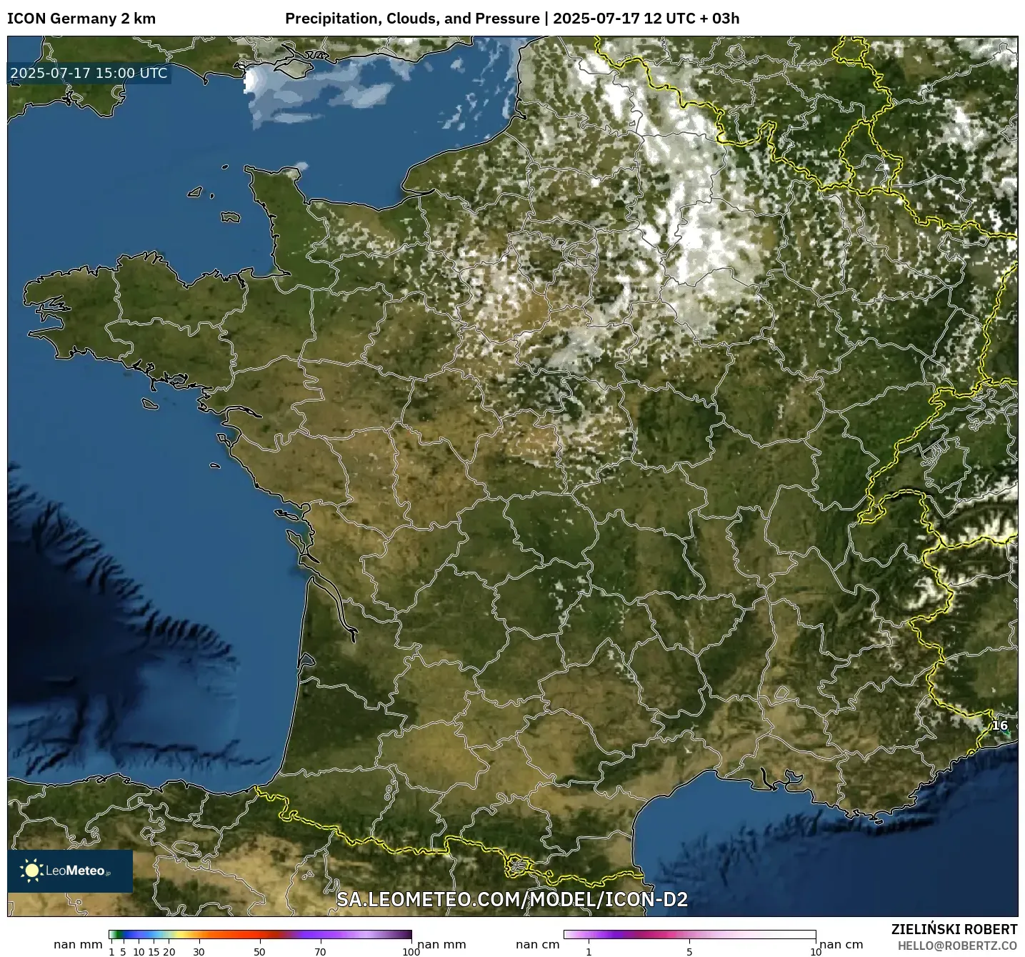 ICON Germany 2 km model - France, Precipitation, Clouds, and Pressure ICON Germany 2 km model - France, Precipitation, Clouds, and Pressure