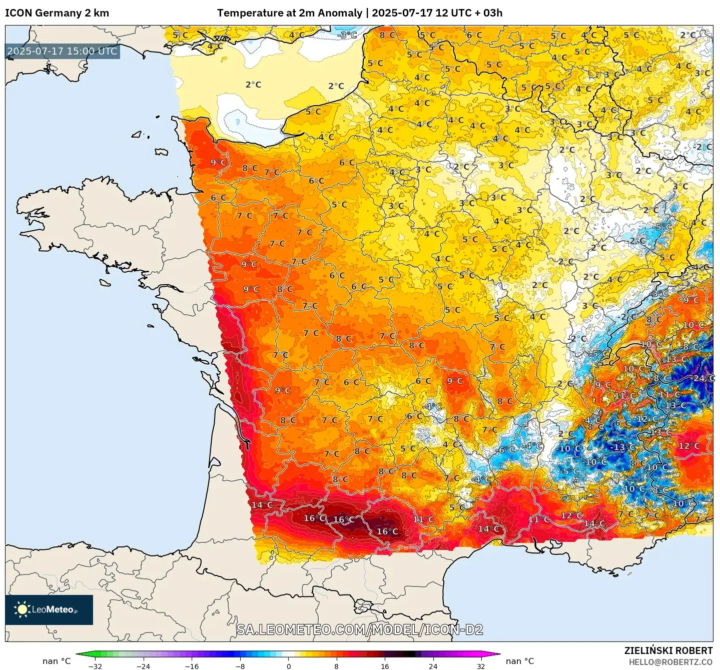 ICON Germany 2 km model - France, Temperature at 2m Anomaly ICON Germany 2 km model - France, Temperature at 2m Anomaly
