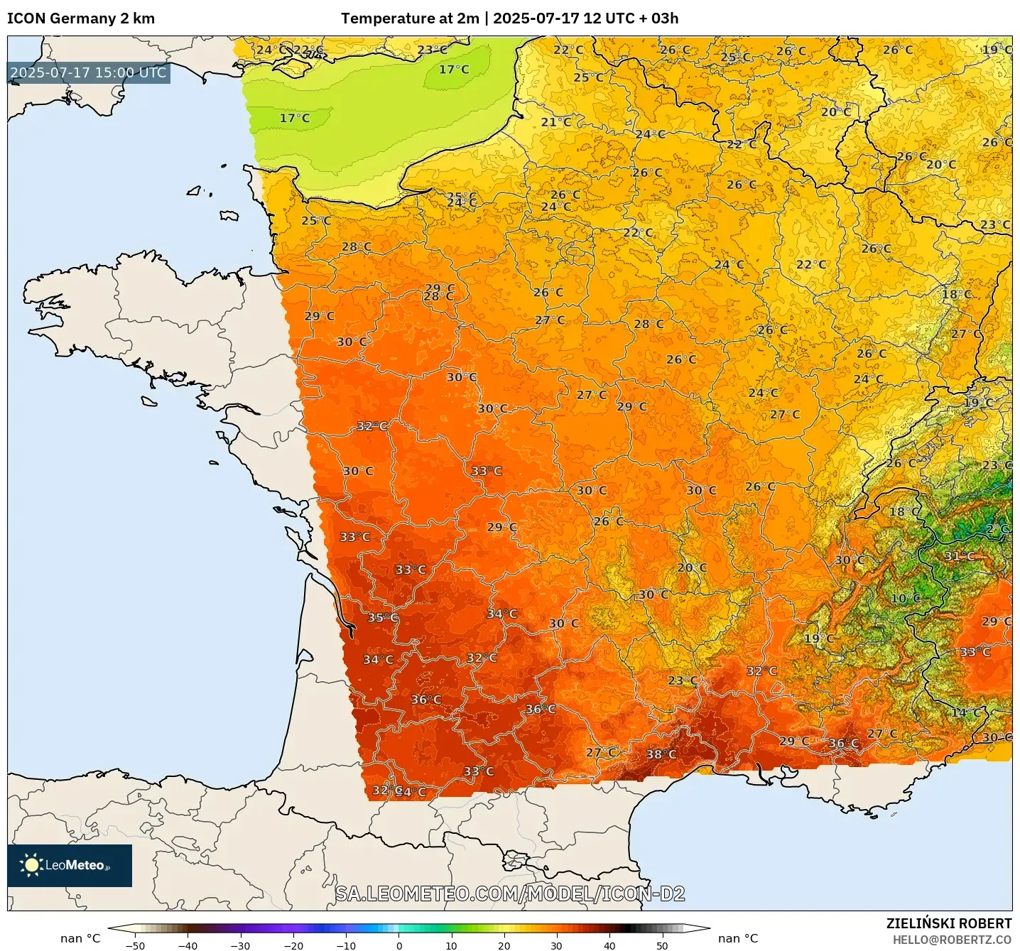 ICON Germany 2 km model - France, Temperature at 2m ICON Germany 2 km model - France, Temperature at 2m