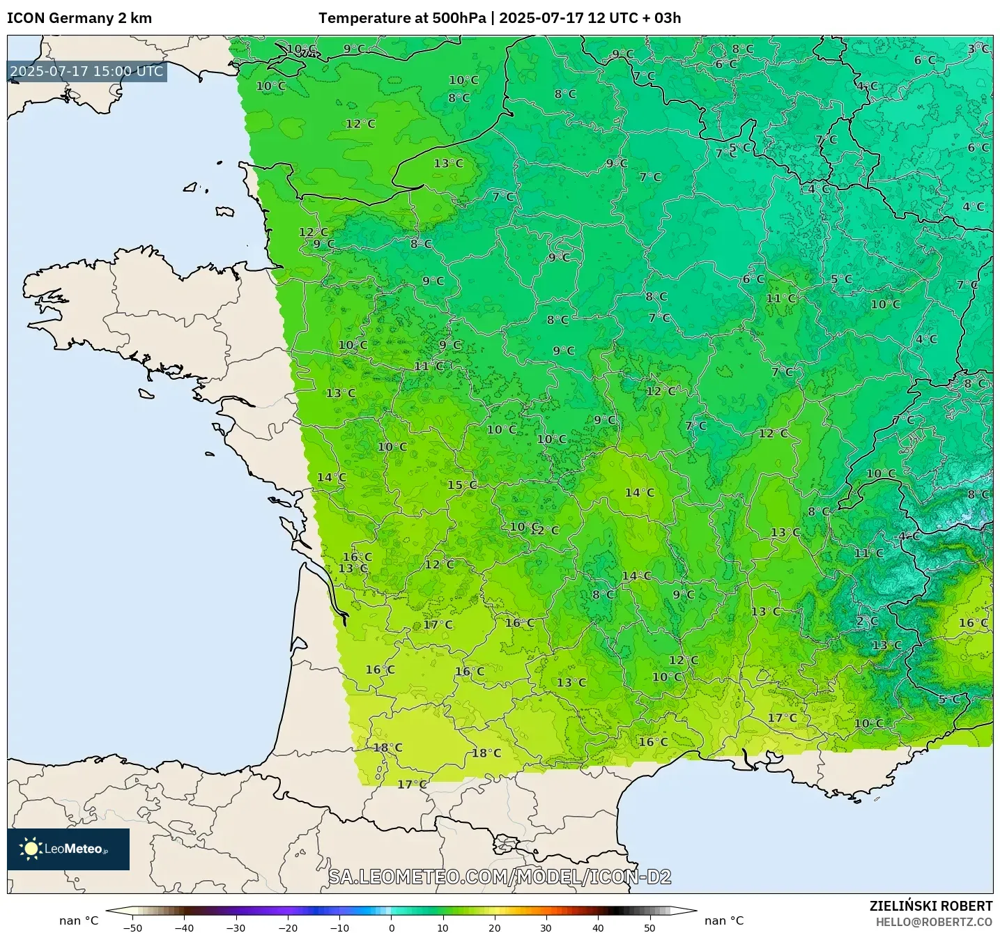 ICON Germany 2 km model - France, Temperature at 500hPa