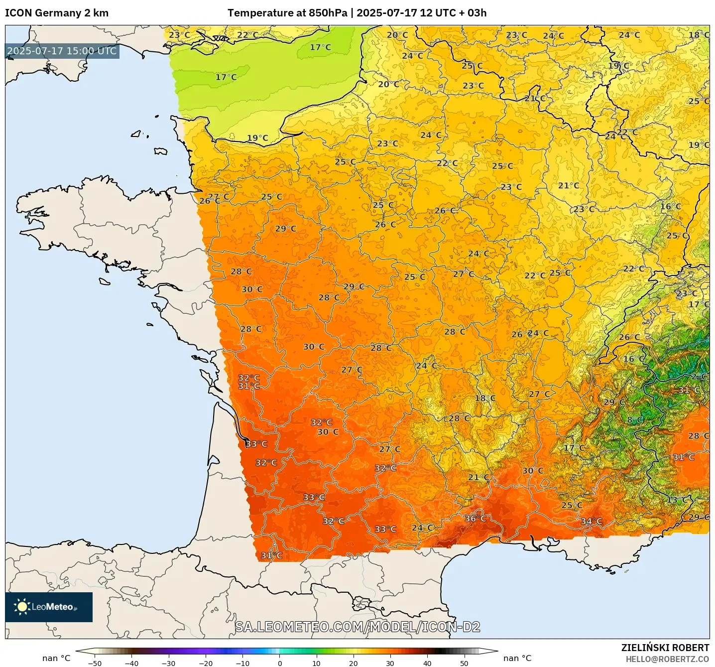 ICON Germany 2 km model - France, Temperature at 850hPa ICON Germany 2 km model - France, Temperature at 850hPa