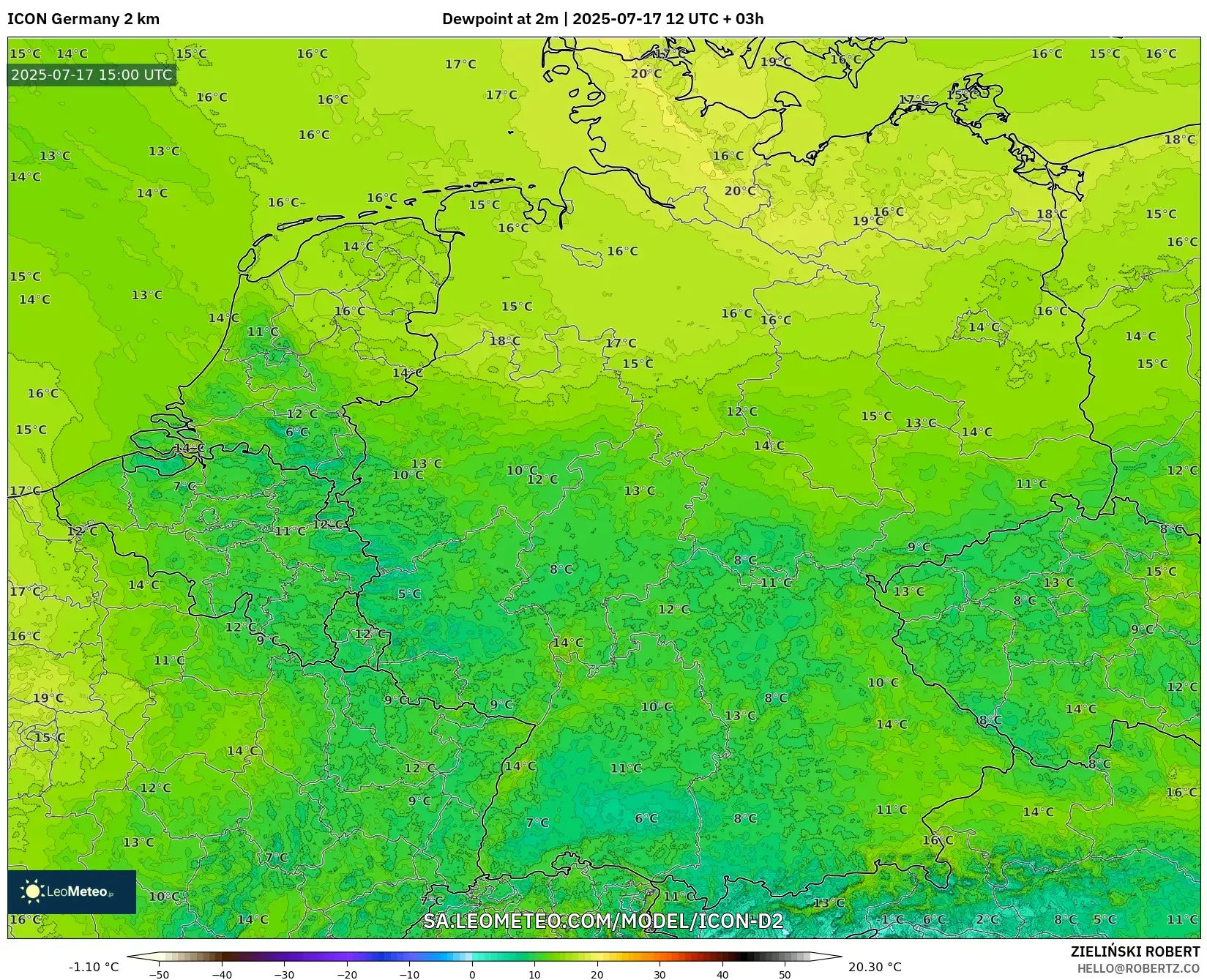 ICON Germany 2 km model - Germany, Dewpoint at 2m ICON Germany 2 km model - Germany, Dewpoint at 2m