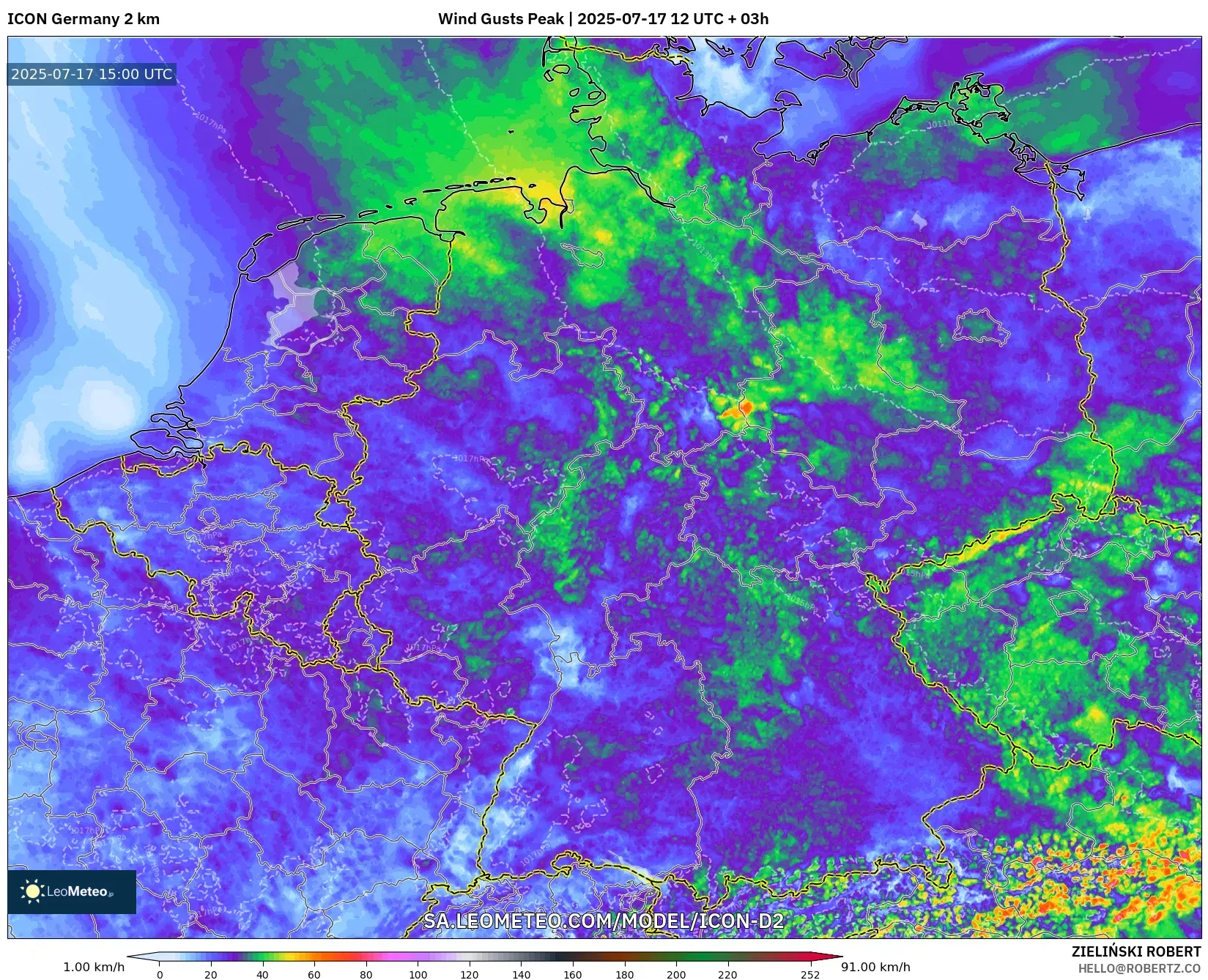 ICON Germany 2 km model - Germany, Wind Gusts Peak