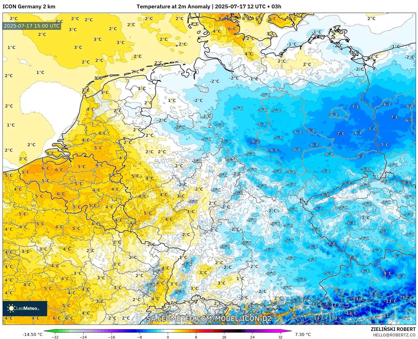 ICON Germany 2 km model - Germany, Temperature at 2m Anomaly
