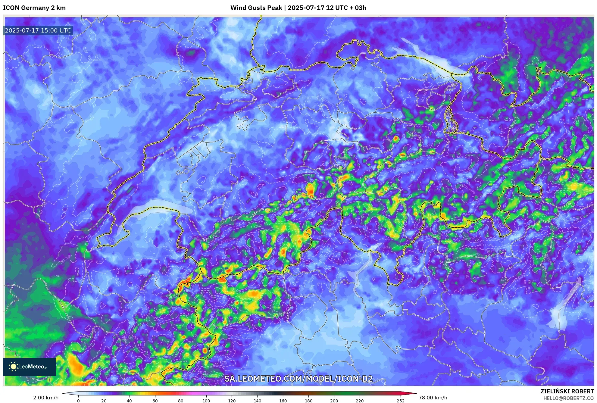 ICON Germany 2 km model - Switzerland, Wind Gusts Peak ICON Germany 2 km model - Switzerland, Wind Gusts Peak