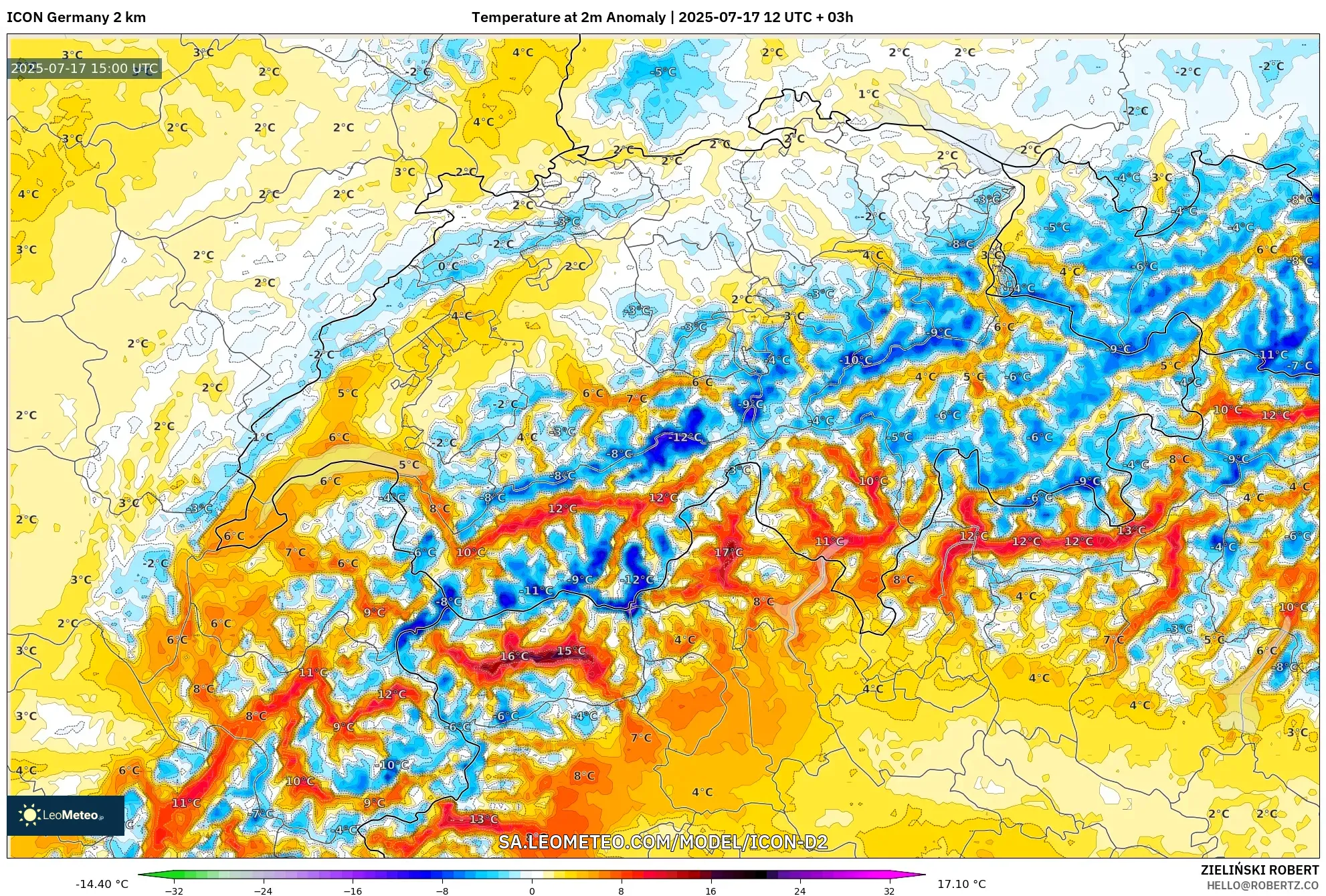 ICON Germany 2 km model - Switzerland, Temperature at 2m Anomaly