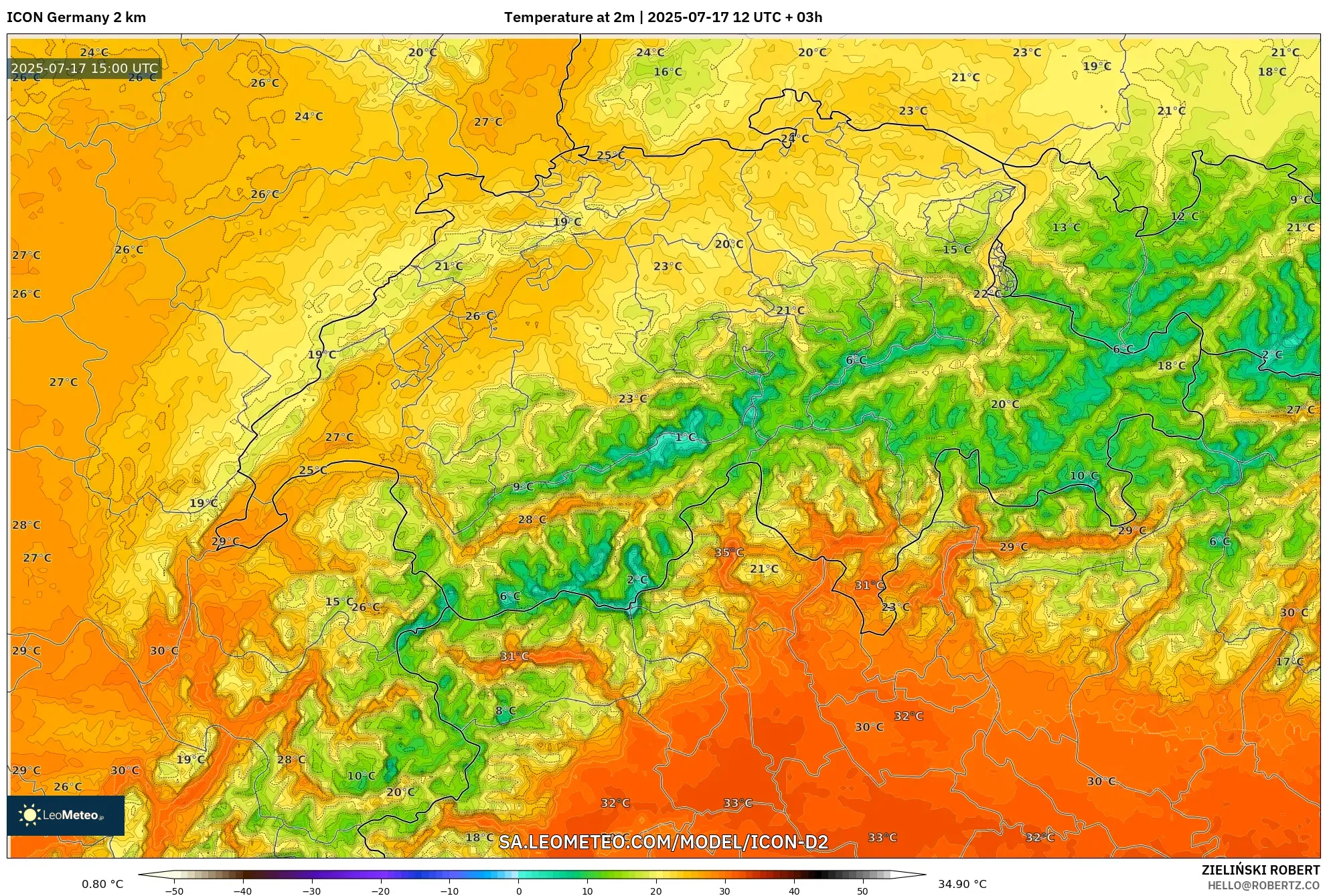 ICON Germany 2 km model - Switzerland, Temperature at 2m ICON Germany 2 km model - Switzerland, Temperature at 2m