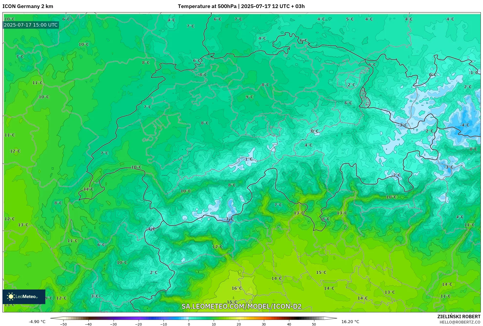 ICON Germany 2 km model - Switzerland, Temperature at 500hPa