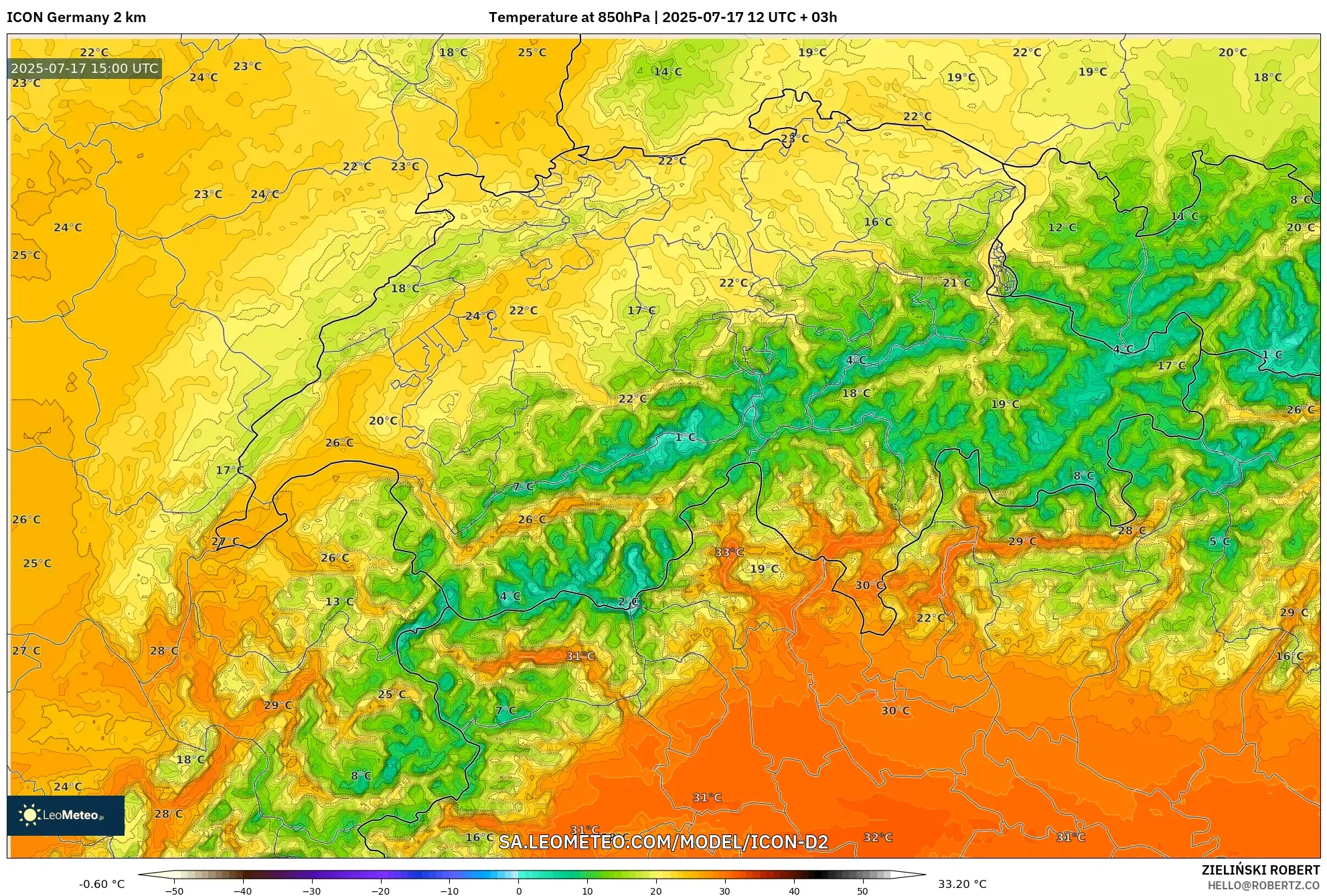 ICON Germany 2 km model - Switzerland, Temperature at 850hPa ICON Germany 2 km model - Switzerland, Temperature at 850hPa