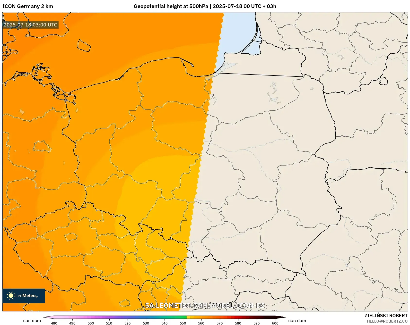 ICON Jerman 2 km model - Poland, Ketinggian geopotensial pada 500 hPa