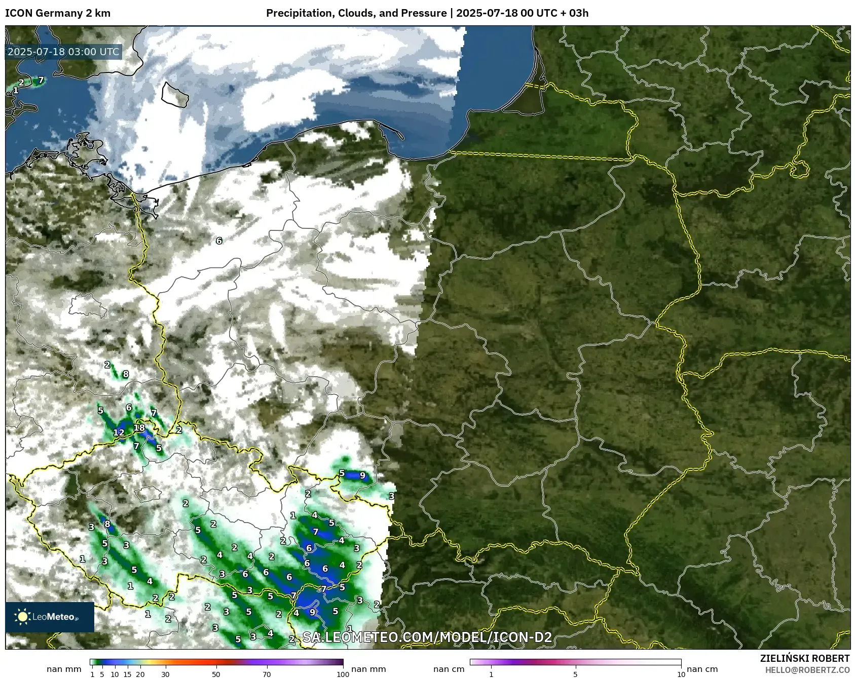 ICON Jerman 2 km model - Poland, Hujan, Awan dan Tekanan
