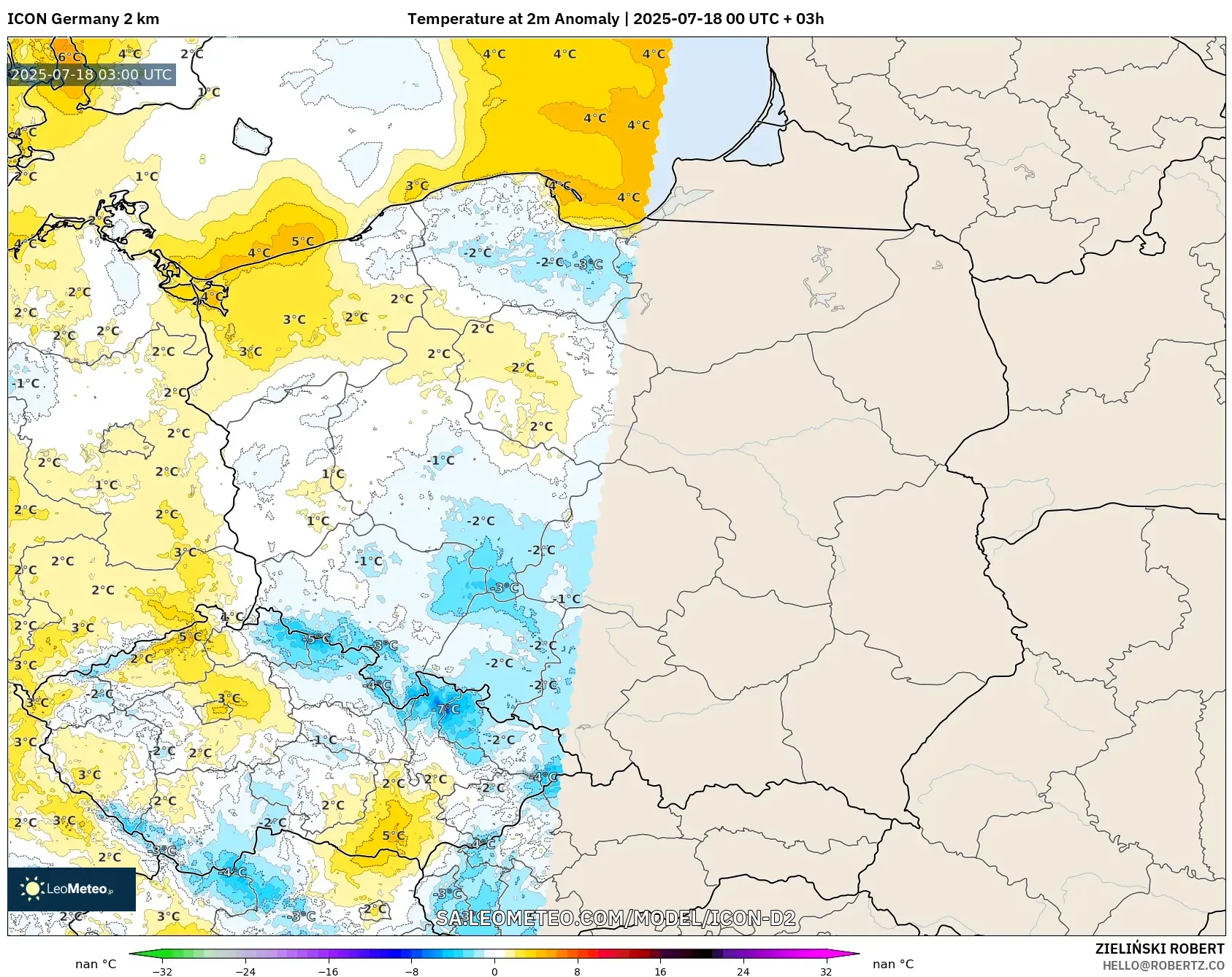 ICON Jerman 2 km model - Poland, Anomali Suhu 2 m