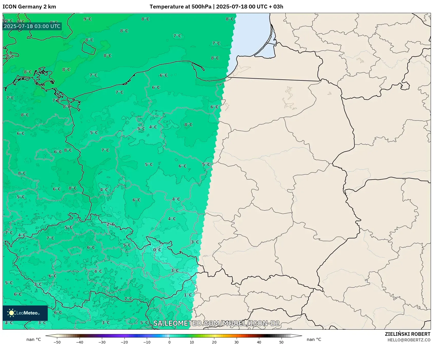 ICON Jerman 2 km model - Poland, Suhu 500 hPa