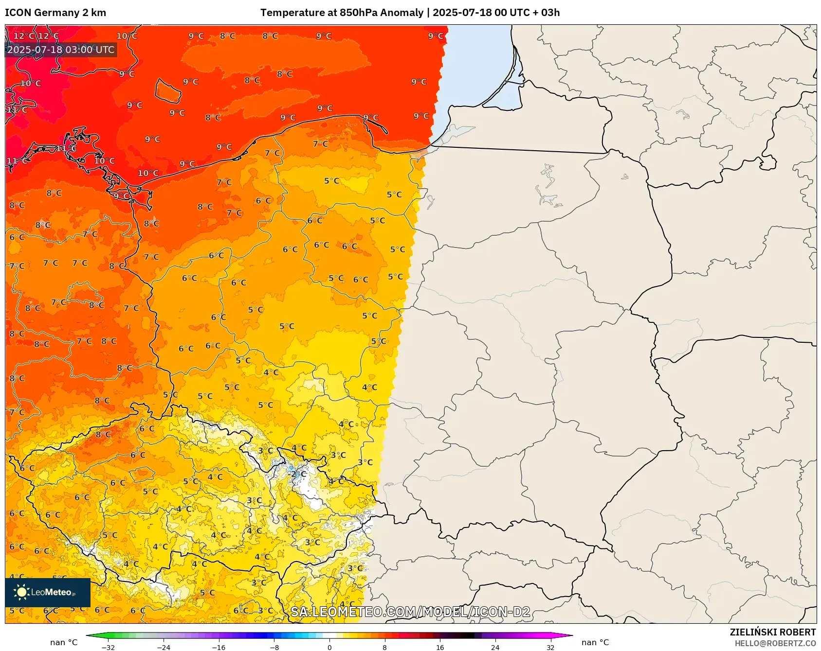 ICON Jerman 2 km model - Poland, Anomali Suhu 850 hPa