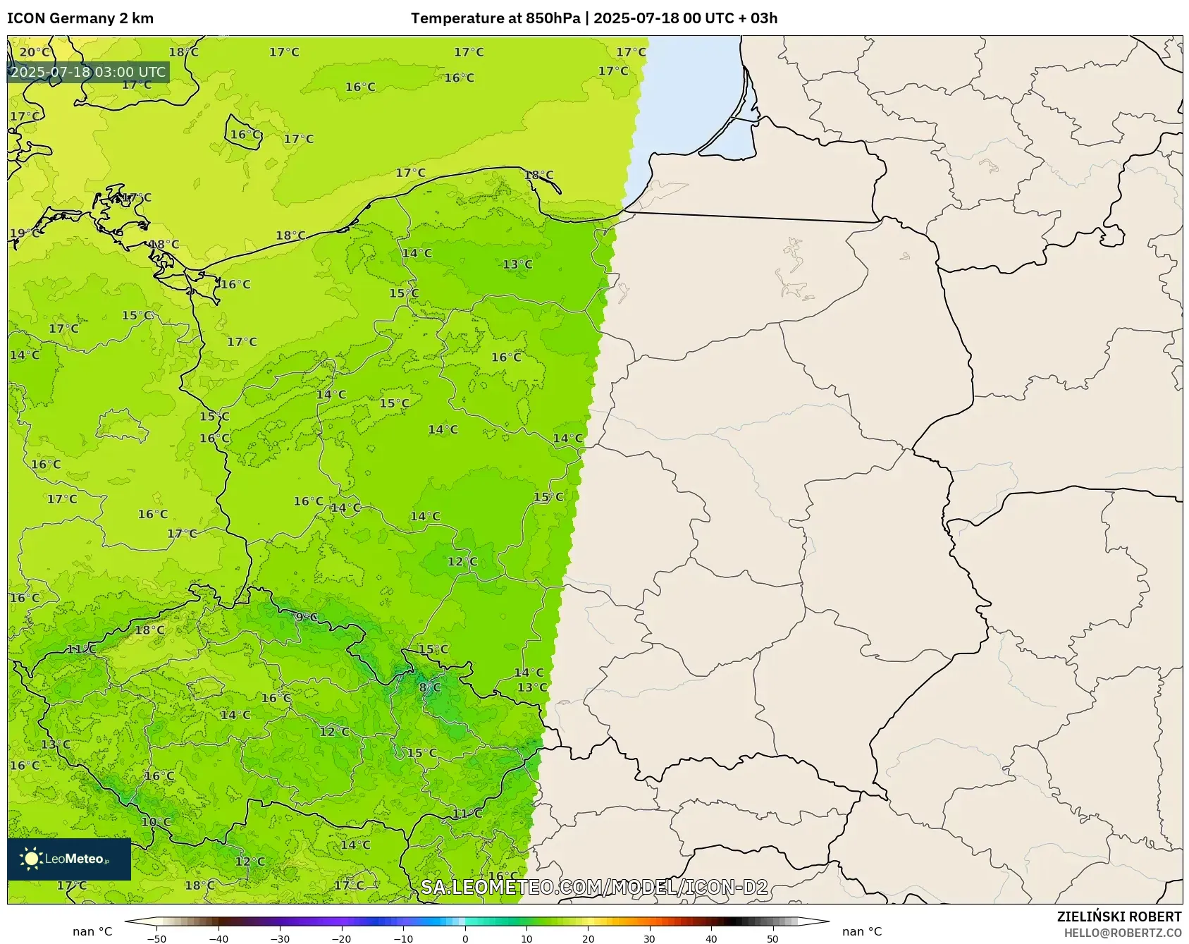 ICON Jerman 2 km model - Poland, Suhu 850 hPa