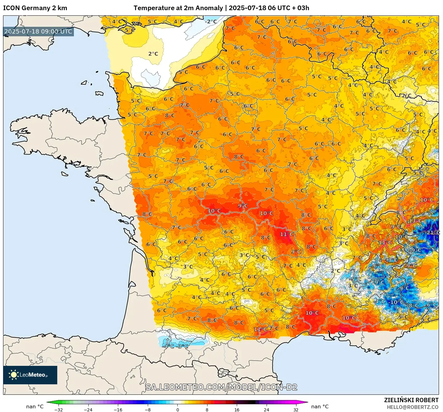 ICON Jerman 2 km model - Perancis, Anomali Suhu 2 m