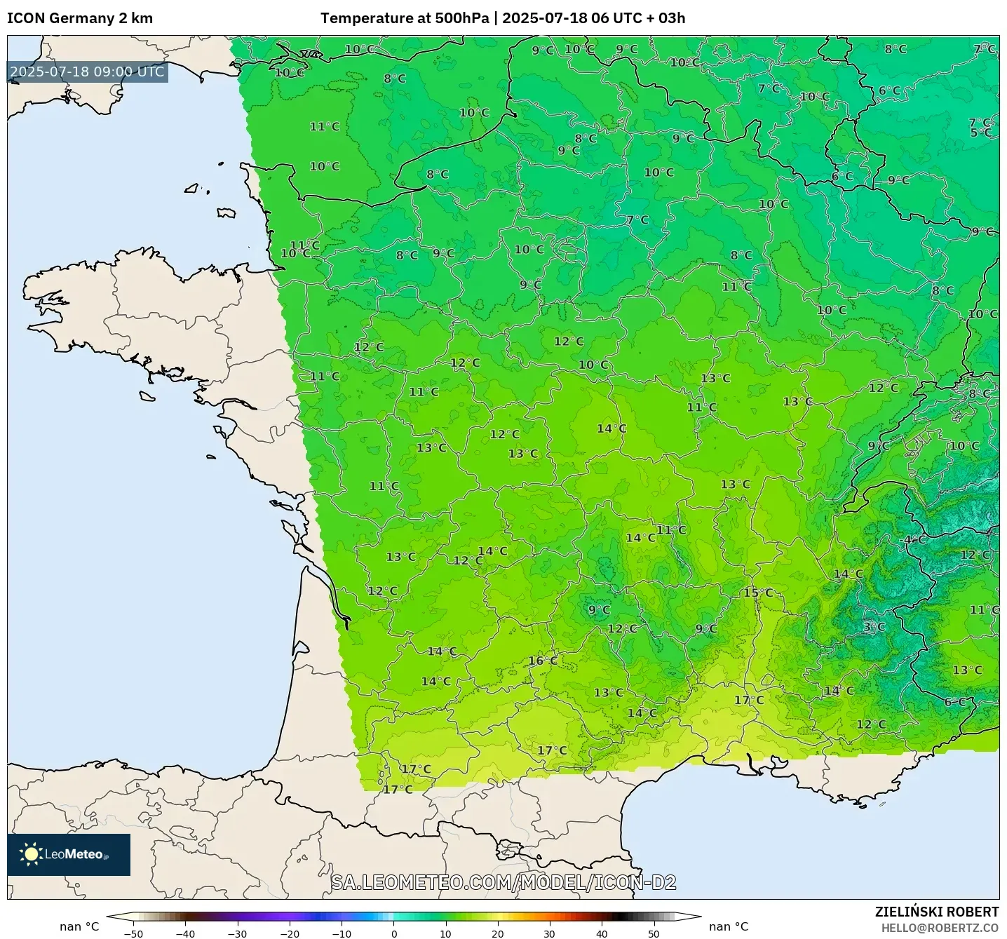 ICON Jerman 2 km model - Perancis, Suhu 500 hPa