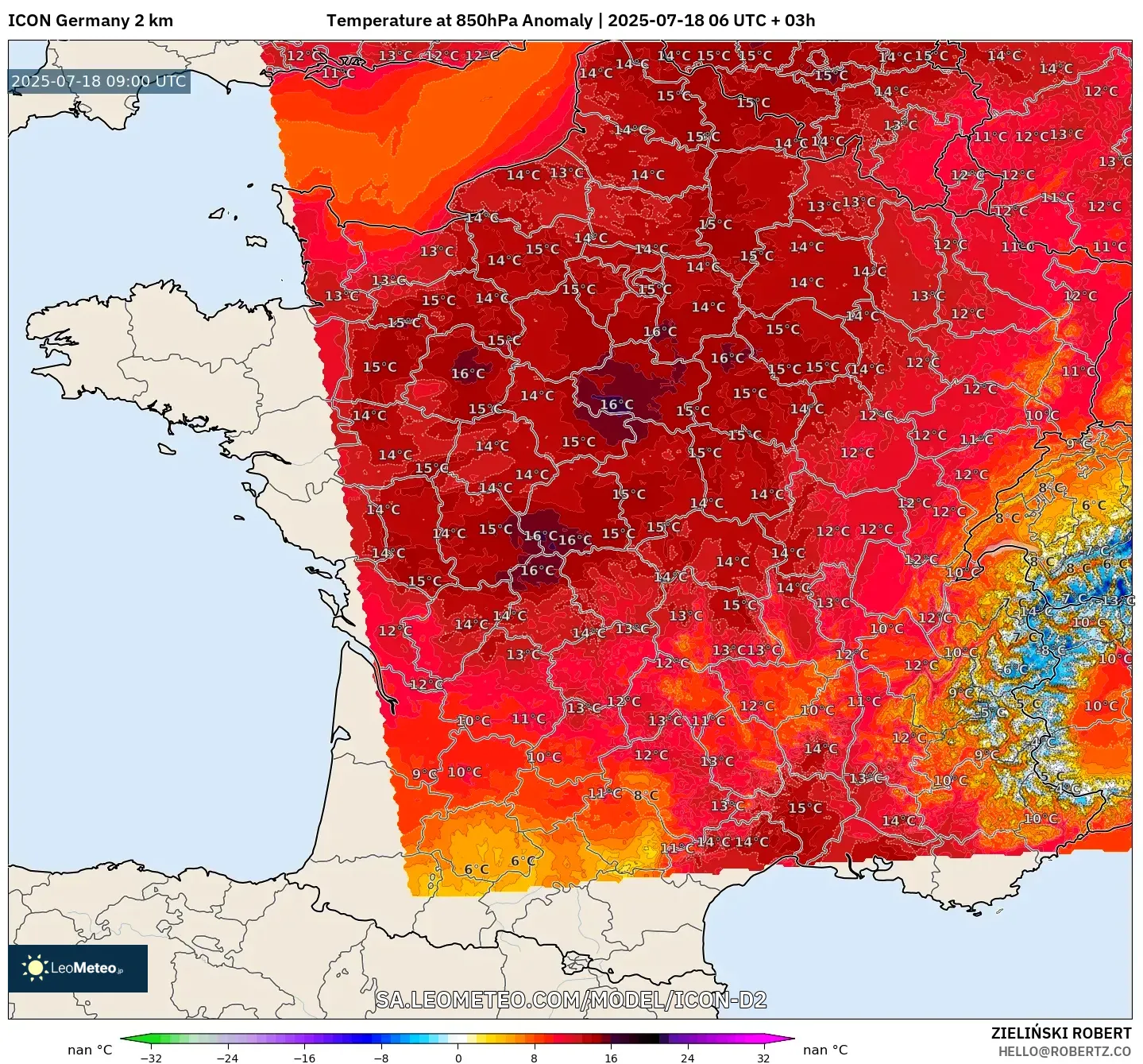 ICON Jerman 2 km model - Perancis, Anomali Suhu 850 hPa