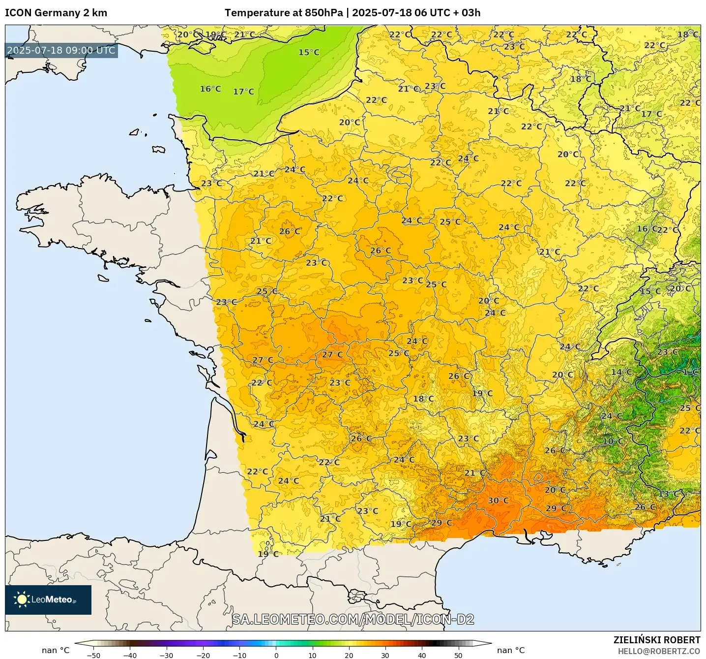 ICON Jerman 2 km model - Perancis, Suhu 850 hPa