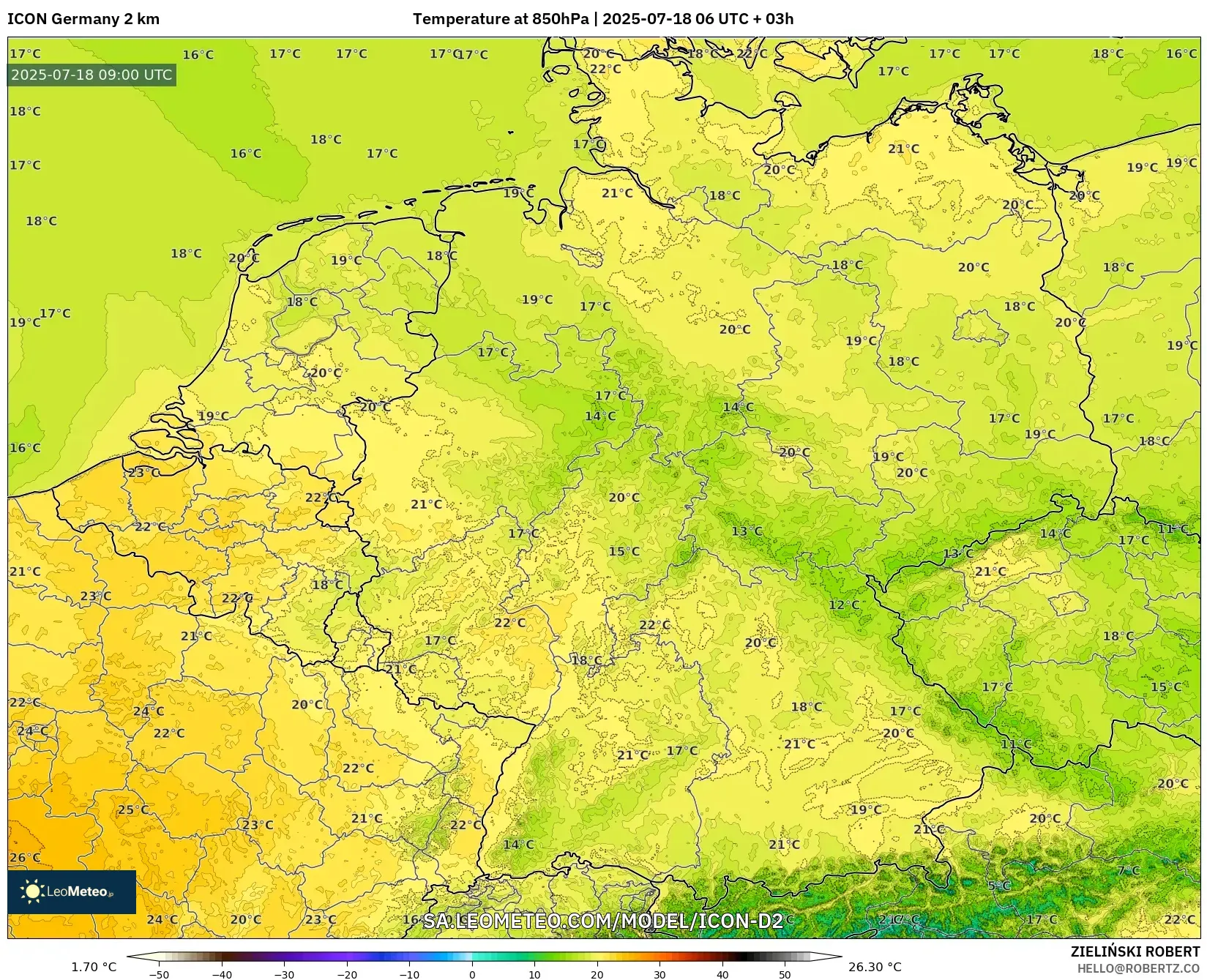 ICON Jerman 2 km model - Jerman, Suhu 850 hPa