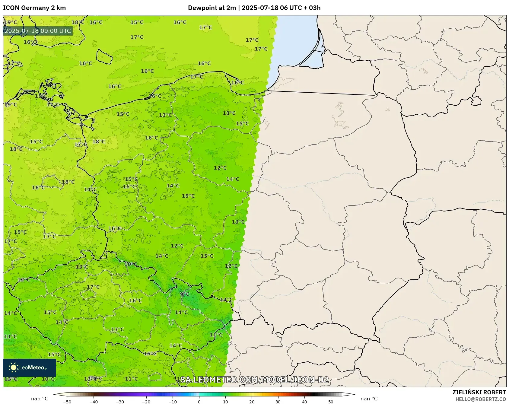 ICON Germany 2 km model - Poland, Dewpoint at 2m